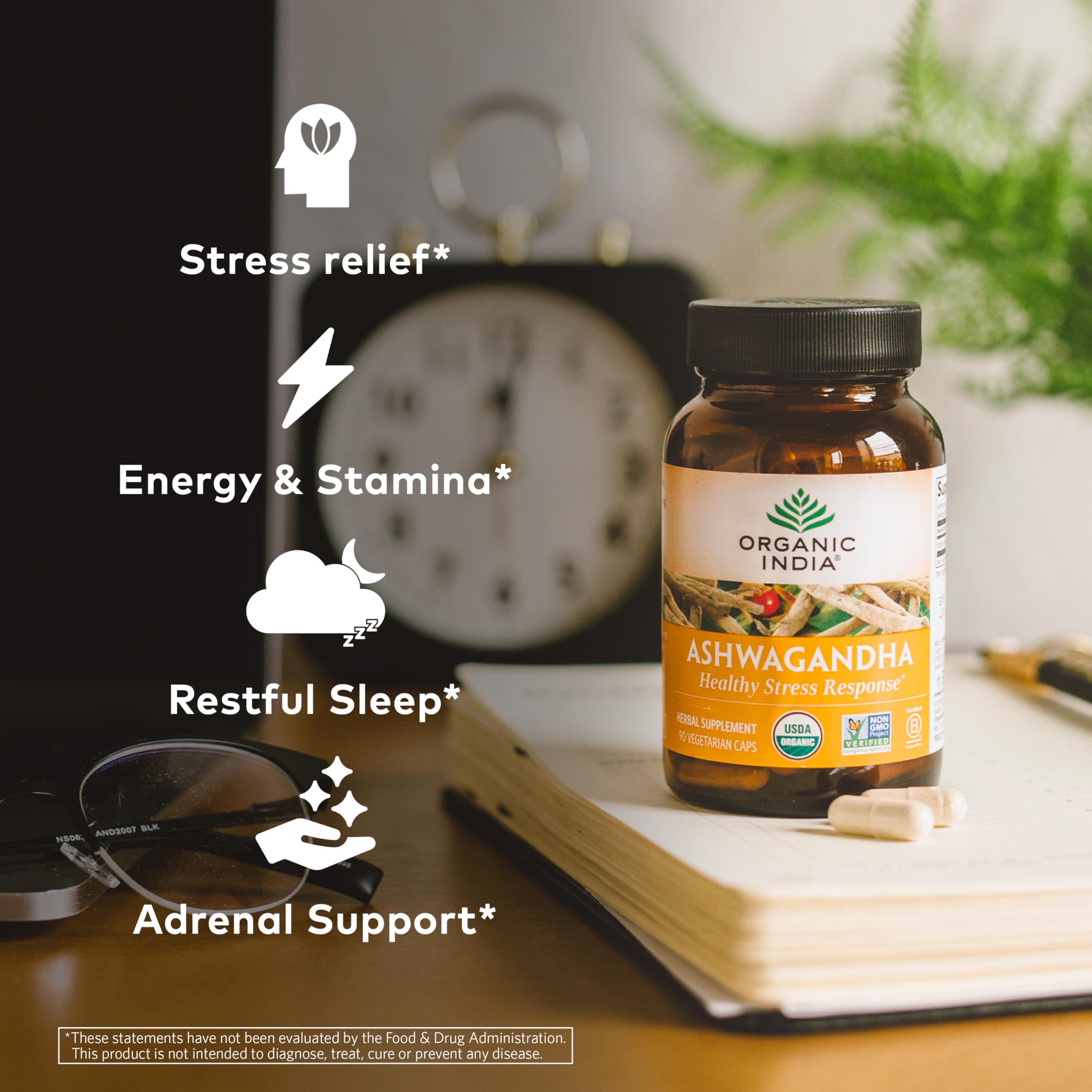 Organic India Ashwagandha – étiquette montrant ingrédients, formulation adaptée
