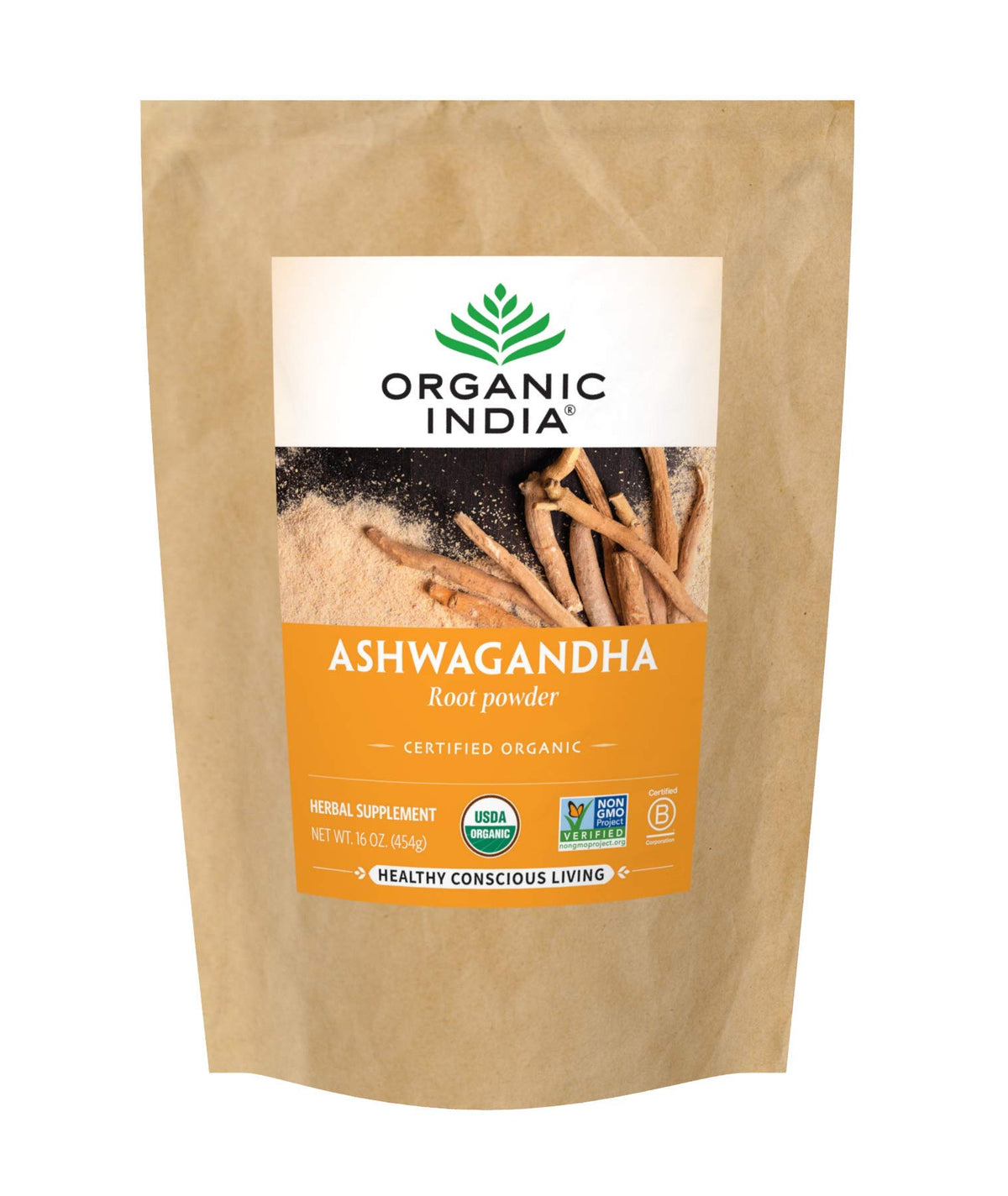 ORGANIC INDIA Ashwagandha Poudre, emballage 1lb, soutien potentiel au stress.