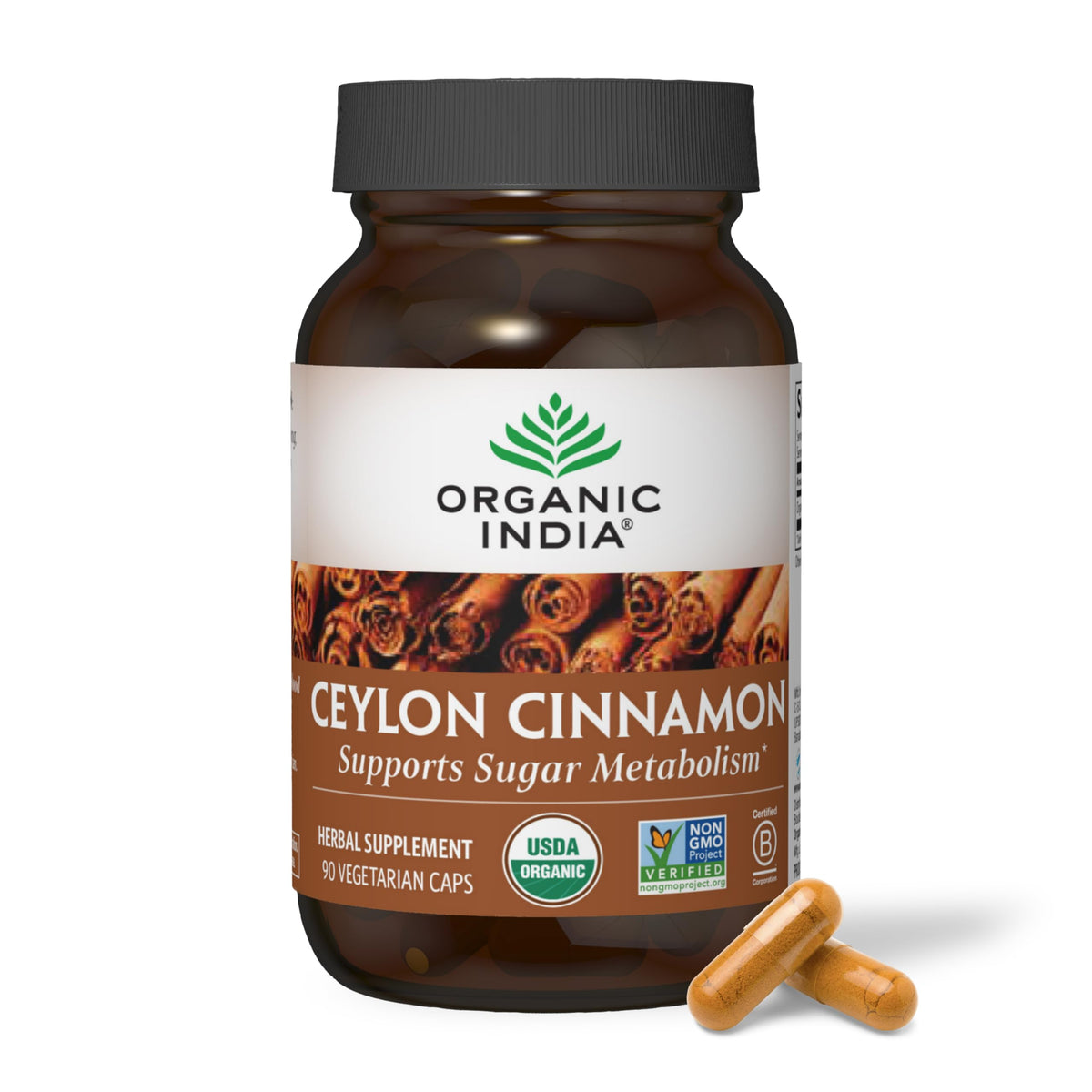 ORGANIC INDIA Cannelle de Ceylan dans une bouteille de capsules, pratique au quotidien.