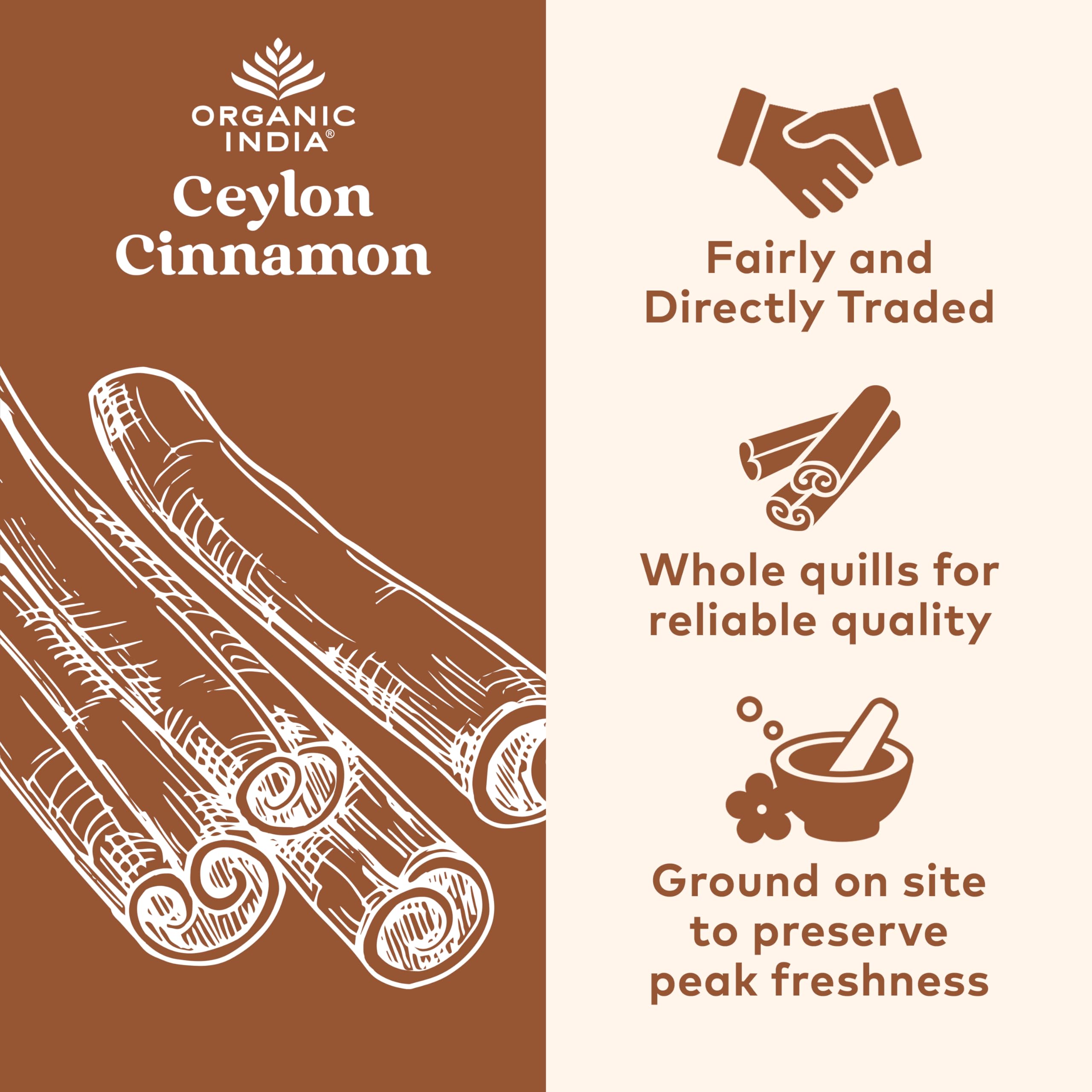 ORGANIC INDIA Cannelle de Ceylan - capsules ouvertes, facile à ajouter à thé ou boisson.