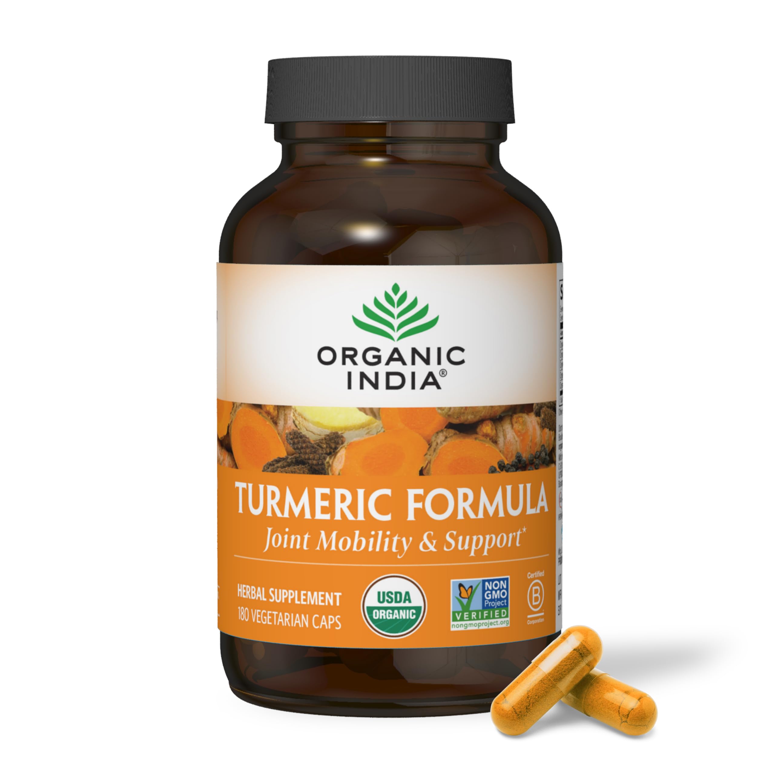 Gélules ORGANIC INDIA curcuma, vue bouteille, soutien potentiel des articulations.