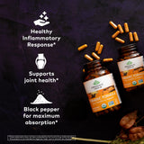 Étiquette ORGANIC INDIA curcuma-gélules, avertissements et informations.