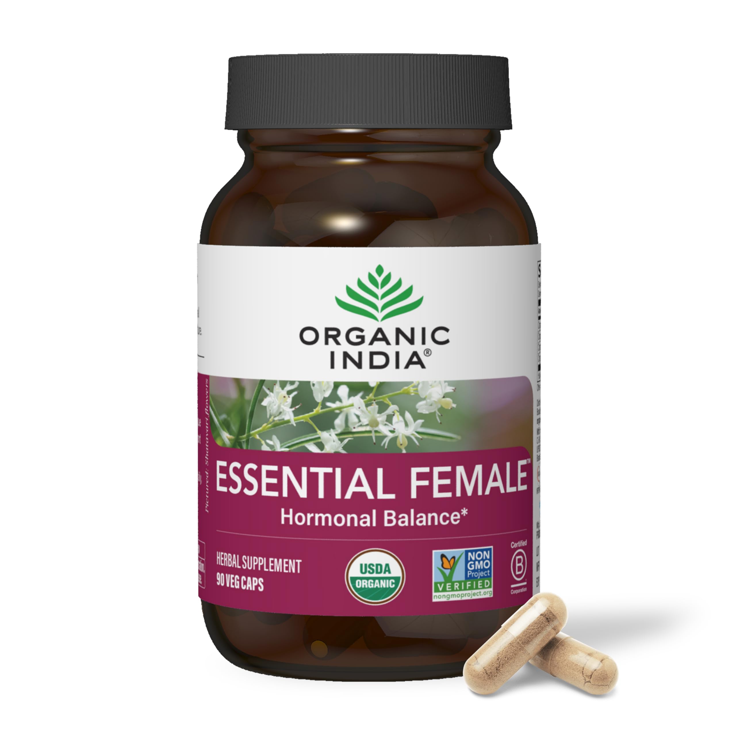 Organic India Essential Femelle - bouteille avec gélules et équilibre hormonal potentiel.