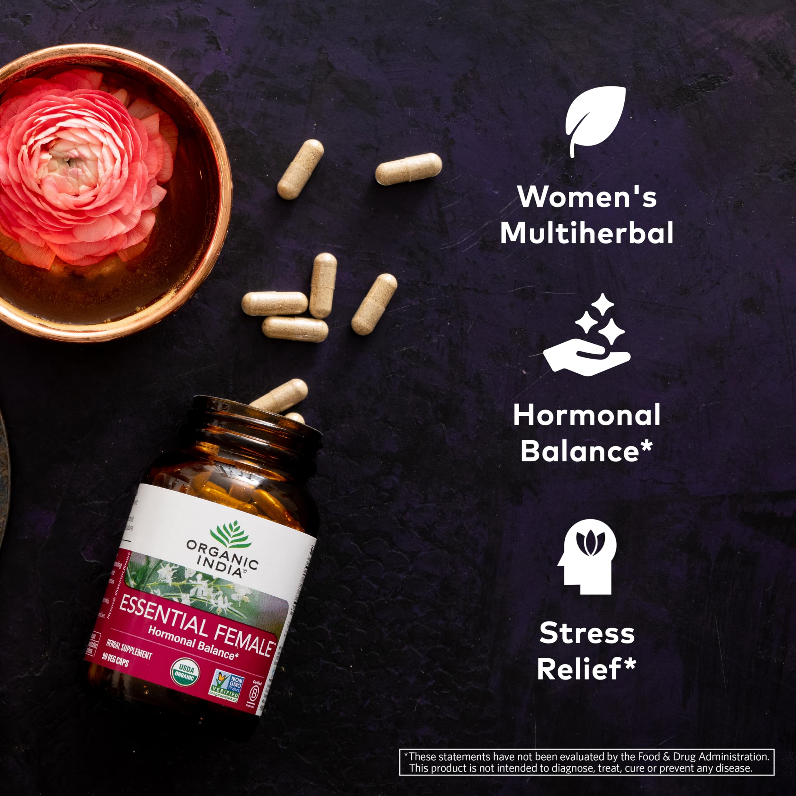 Organic India Essential Femelle - gélules visibles pour routine féminine.