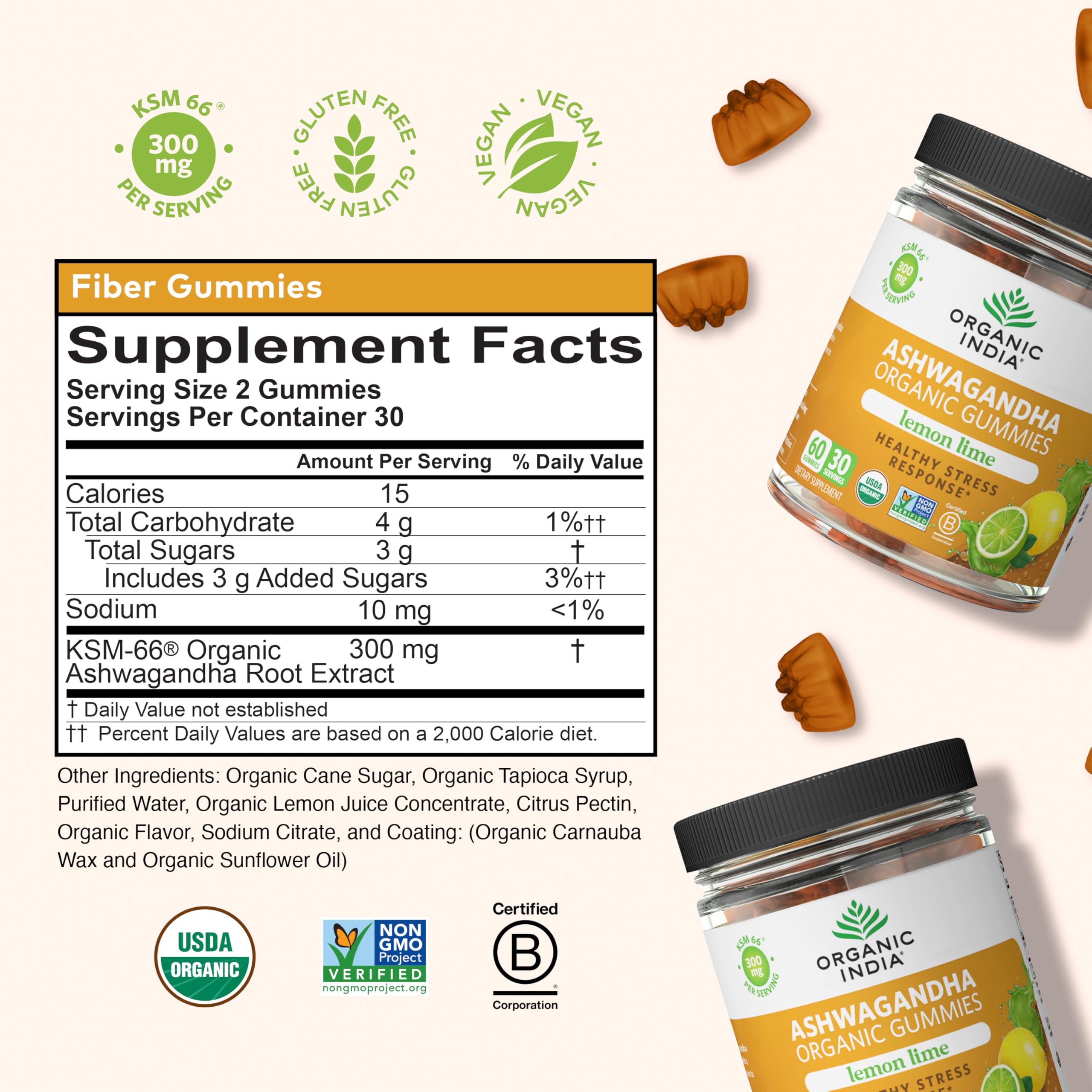 ORGANIC INDIA Gommes Ashwagandha, étiquette claire et biologique certifiée.