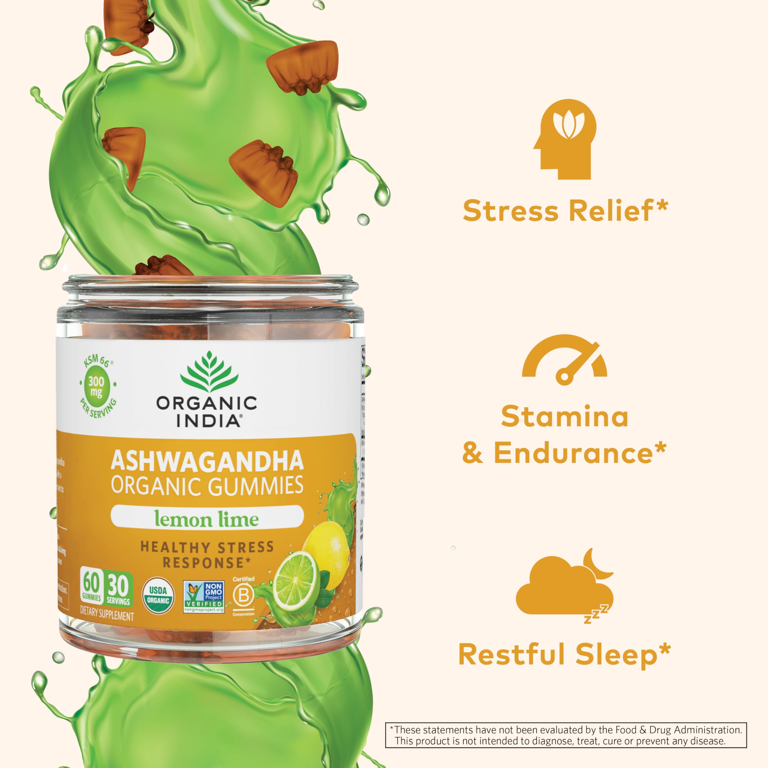 ORGANIC INDIA Gommes Ashwagandha, goût citron-lime rafraîchissant et agréable.