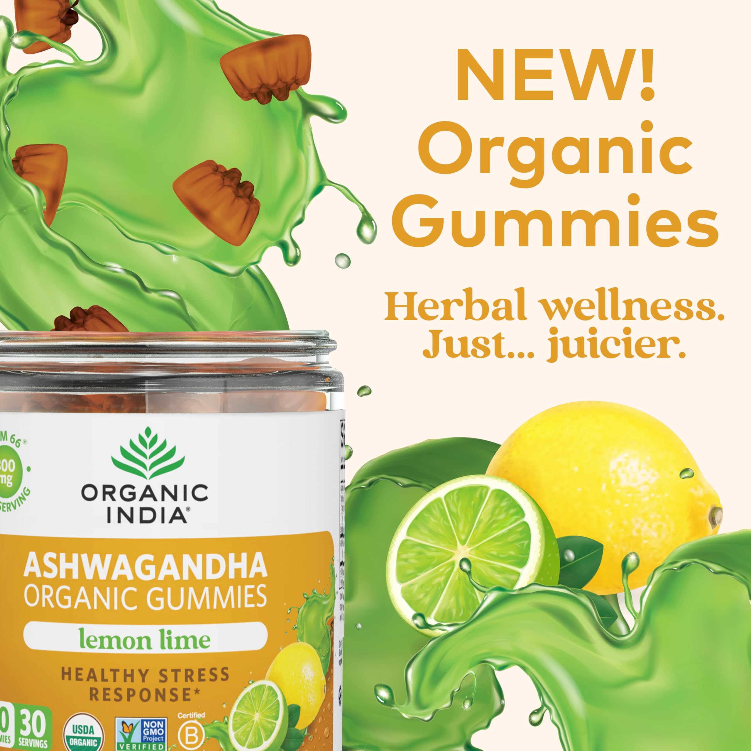 ORGANIC INDIA Gommes Ashwagandha, texture gomme couleur citron-lime.