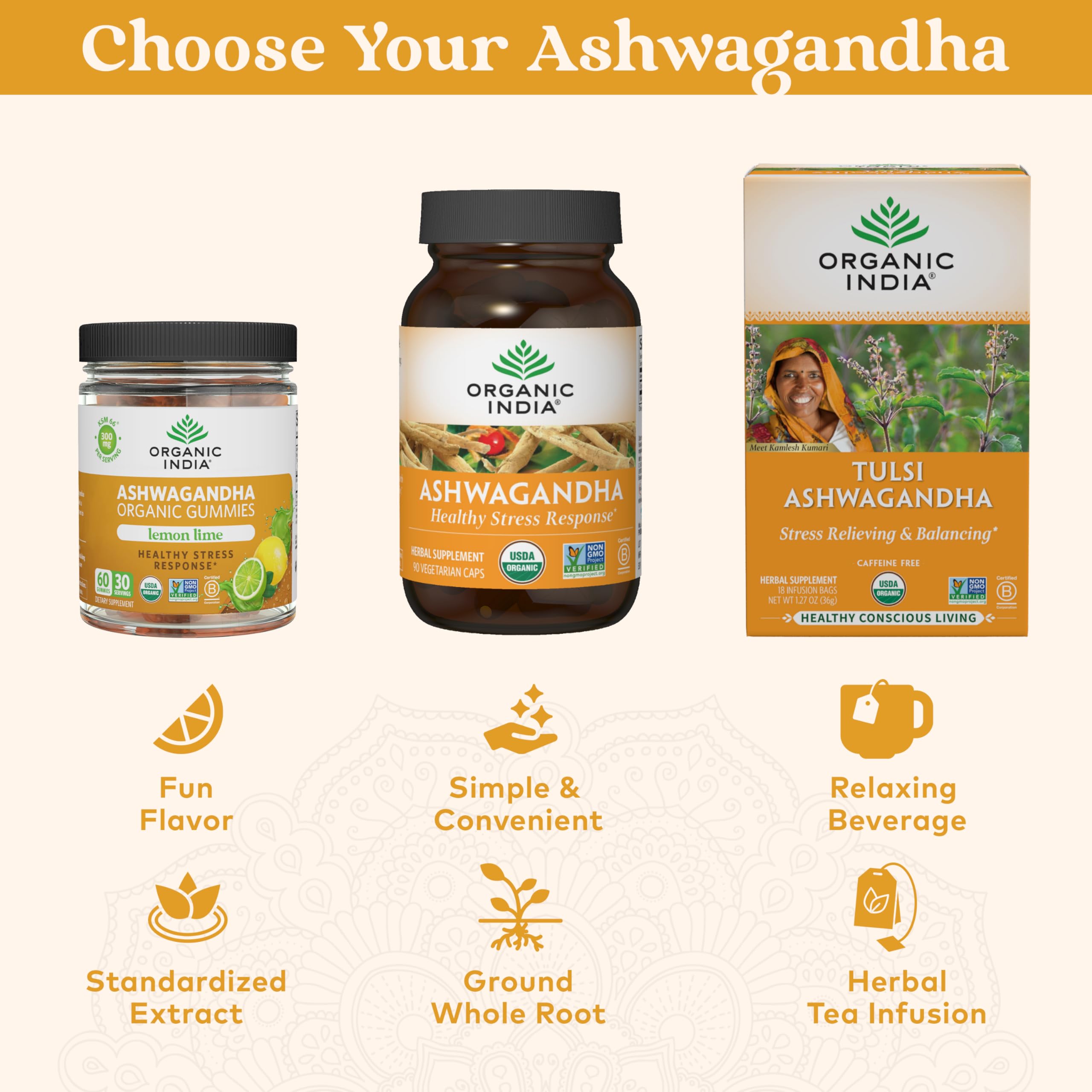 ORGANIC INDIA Gommes Ashwagandha, version végan et sans OGM.