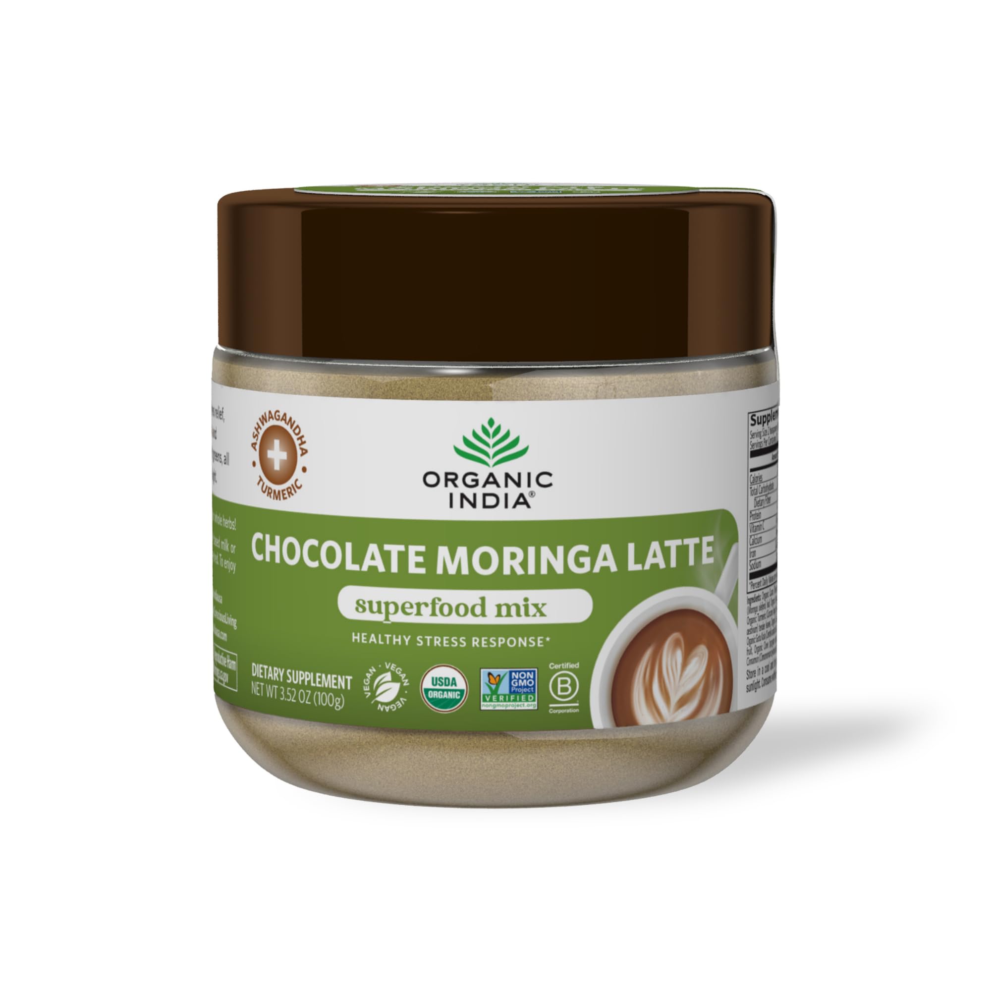 Organic India latte chocolat moringa — boisson gourmande sans sucre ajouté.