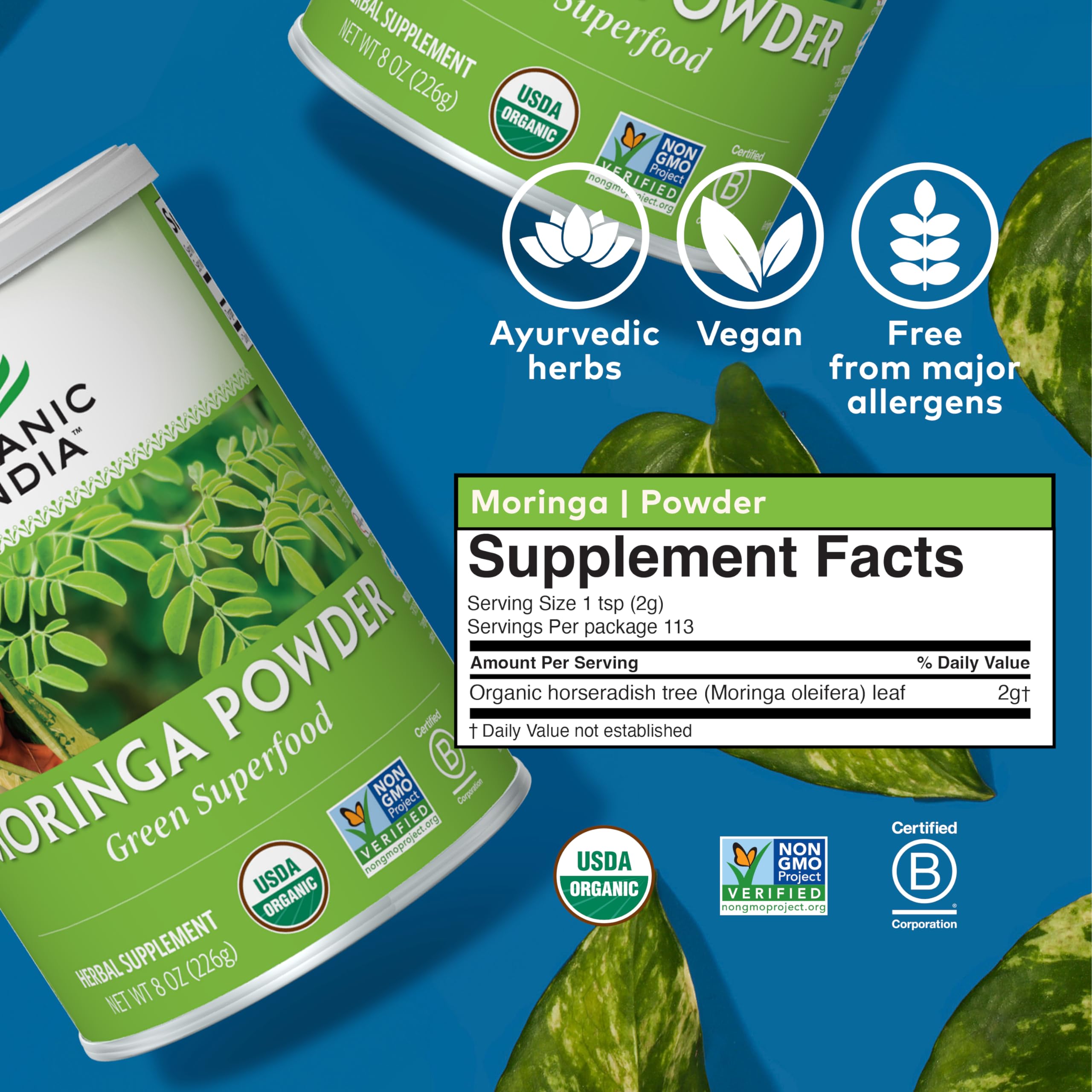 Organic India Moringa emballage 226 g – conservation pratique et usage polyvalent.