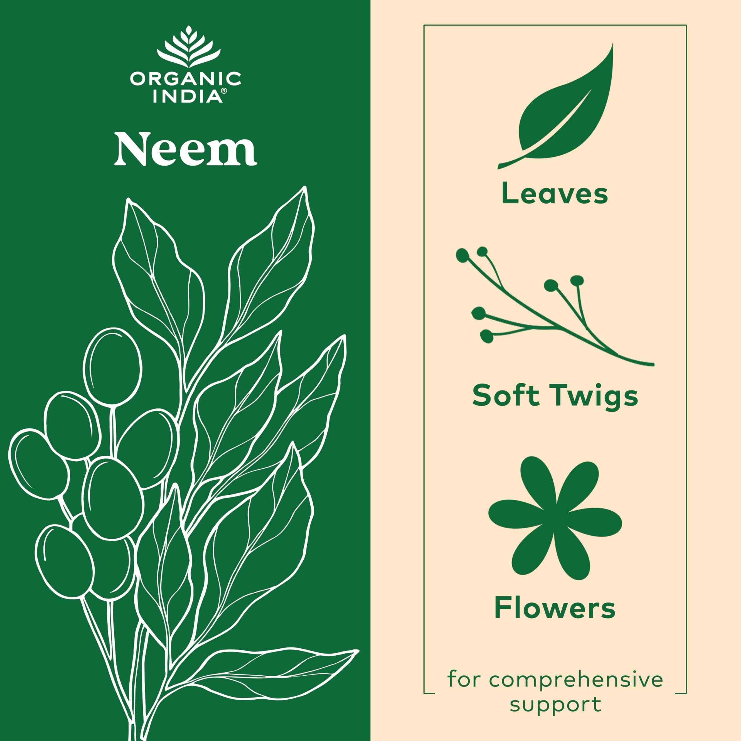 Neem Organic India: capsules et emballage clair et pur.