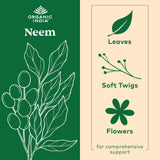 Neem Organic India: capsules et emballage clair et pur.