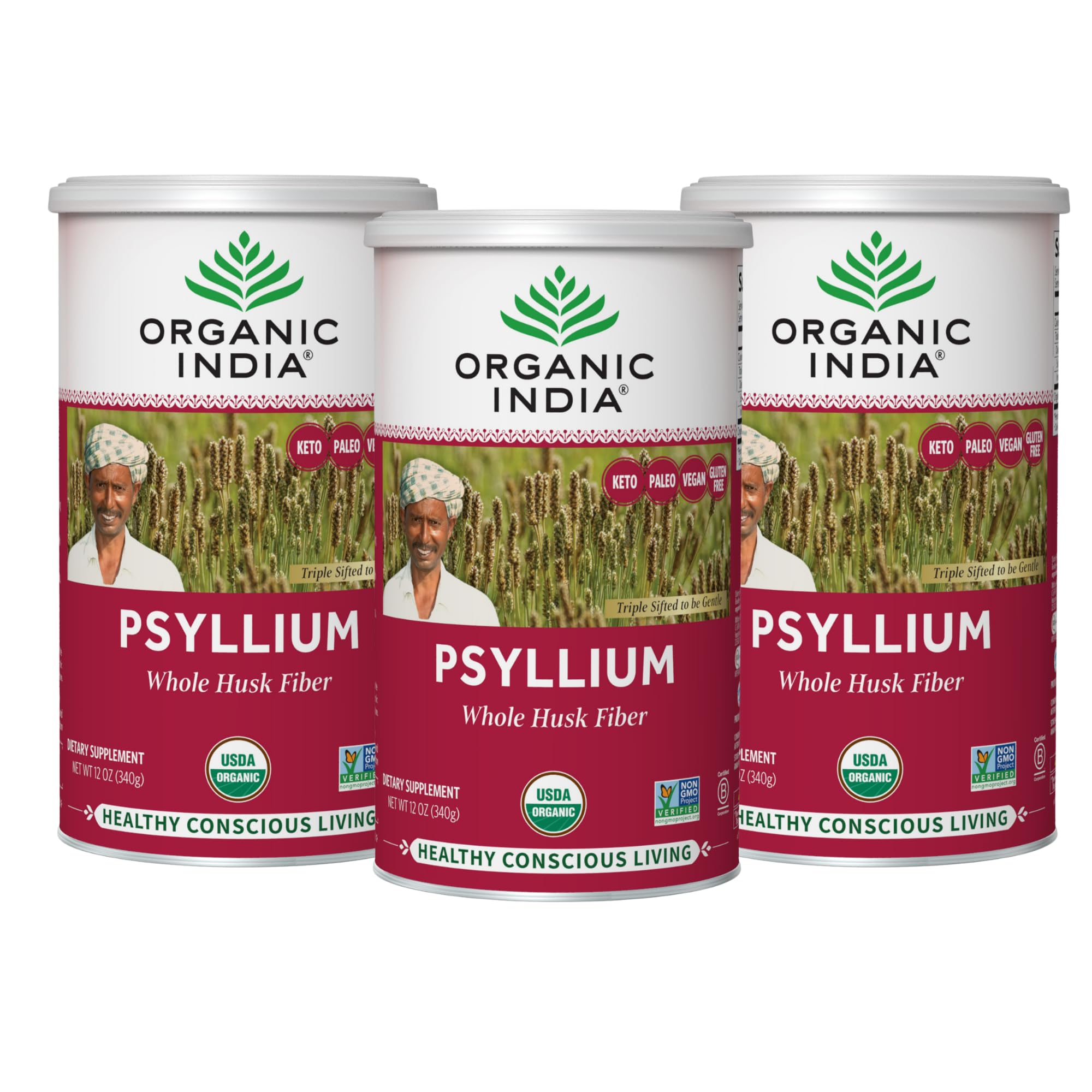 ORGANIC INDIA Psyllium Herbal Poudre – bouteille ouverte, facilite l'ajout quotidien de fibres pour soutenir la digestion