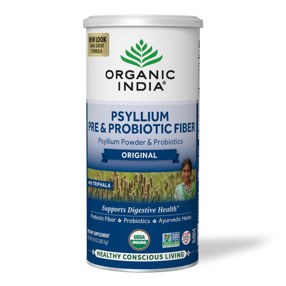 Poudre psyllium Organic India dans un flacon, source de fibre naturelle pour le quotidien.