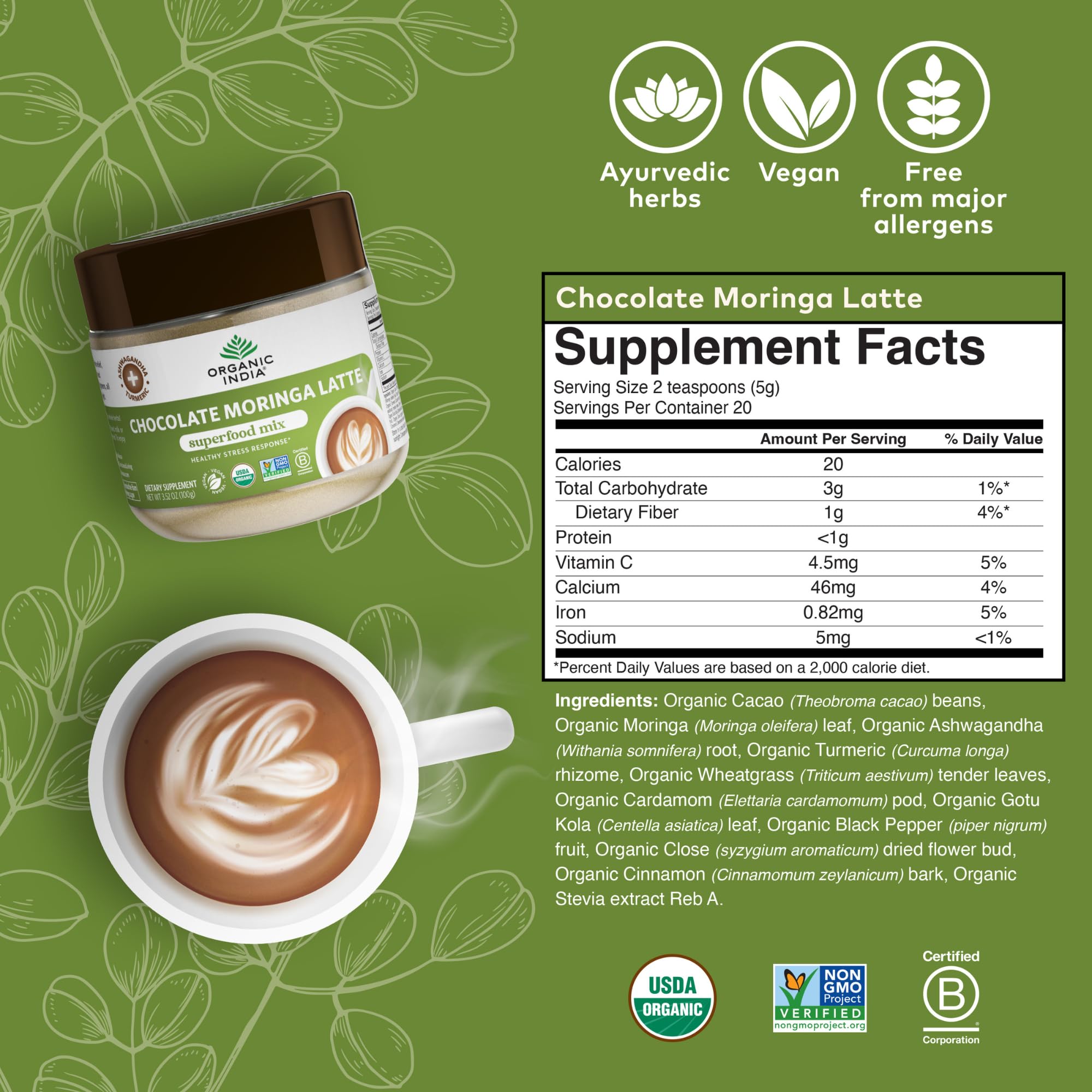 Organic India recette latte crèmeux chocolat – texture onctueuse et saveur cacao.