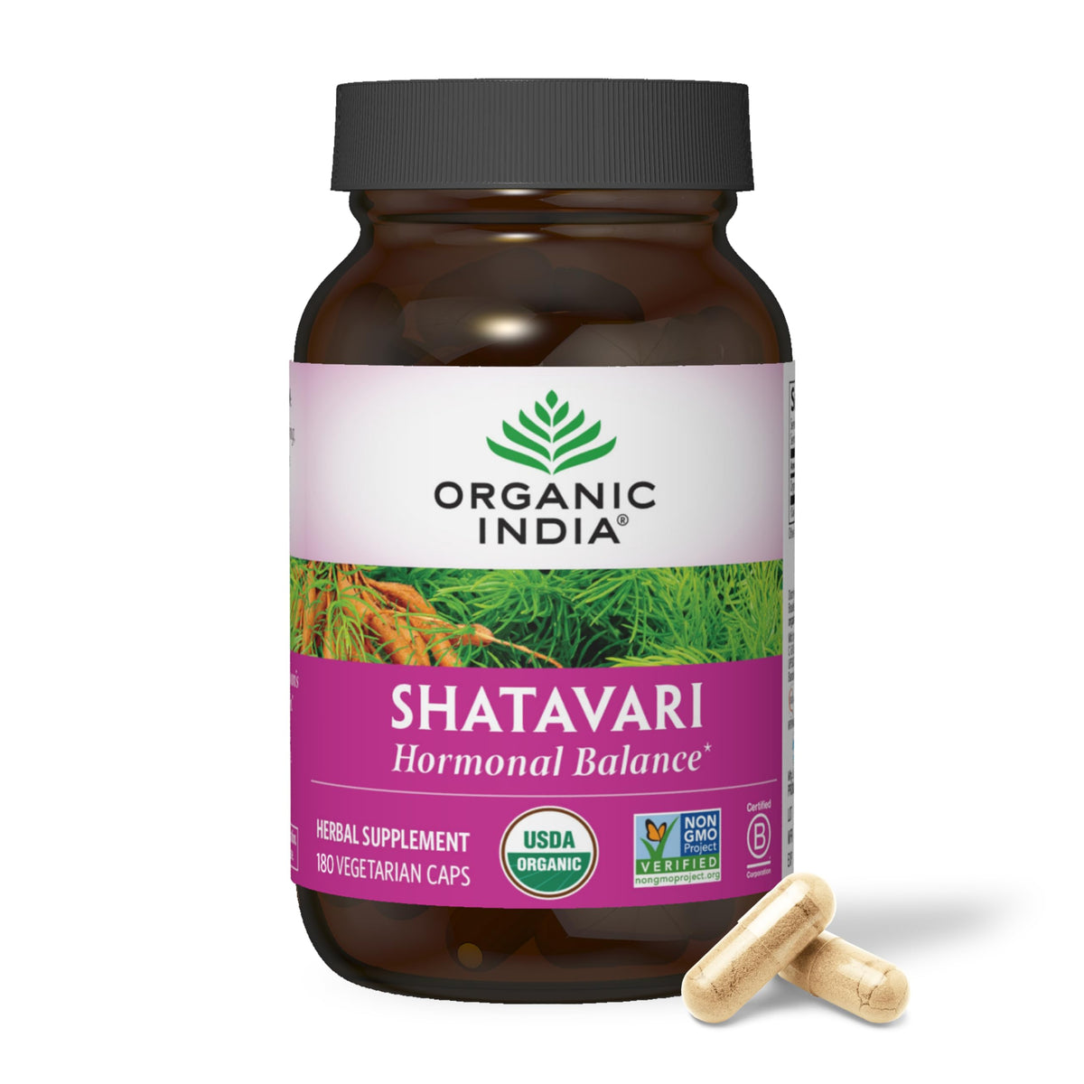 Gélules Shatavari de ORGANIC INDIA dans une bouteille pratique pour l'équilibre hormonal.