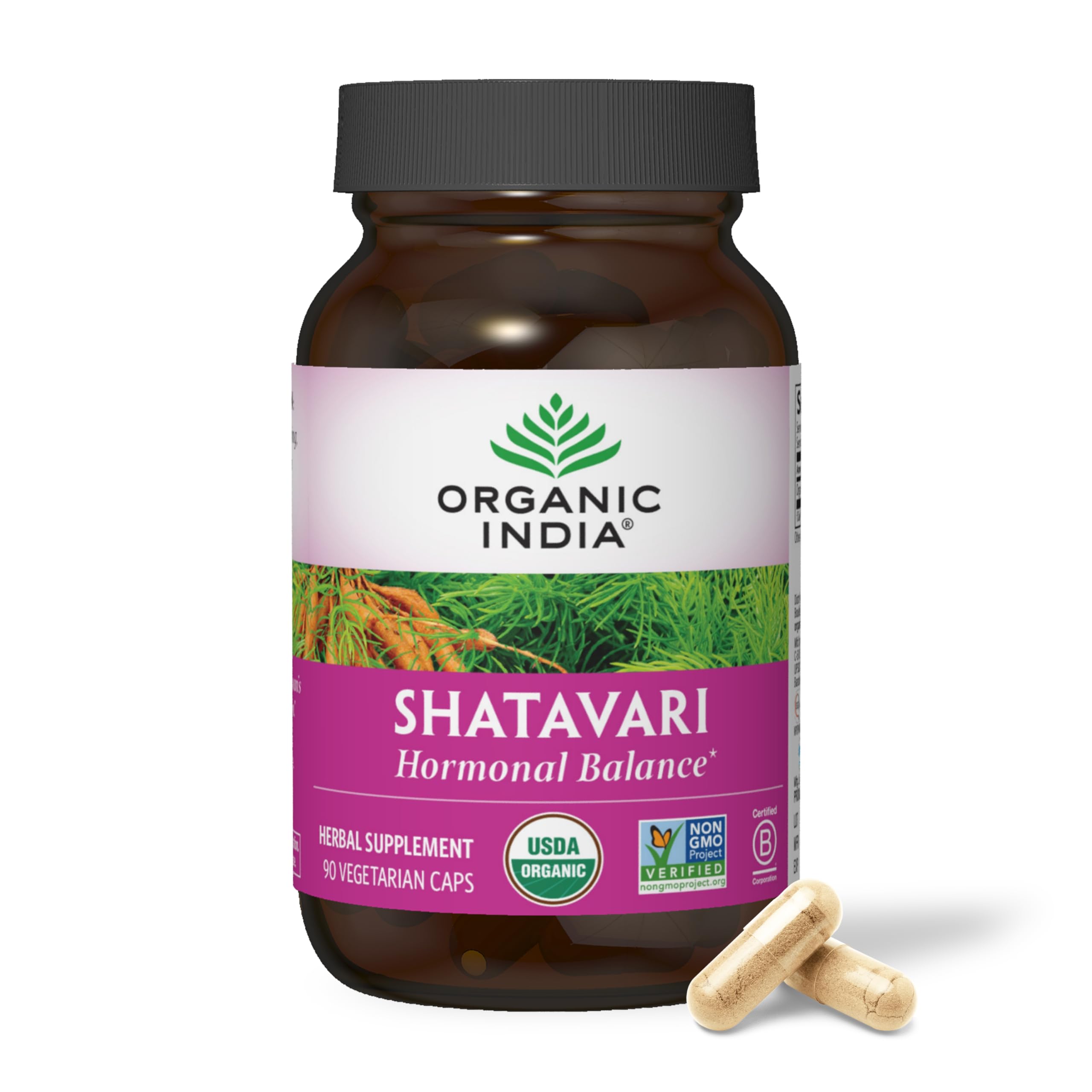 Organic India Shatavari gélules dans une bouteille, soutien potentiel à l'équilibre hormonal.