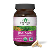 Organic India Shatavari gélules dans une bouteille, soutien potentiel à l'équilibre hormonal.