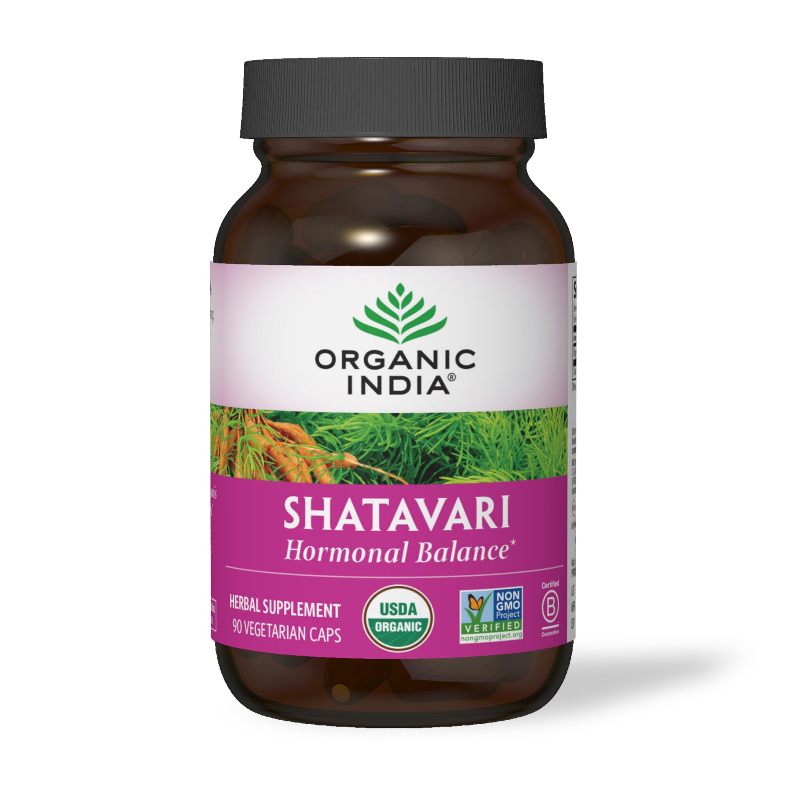 Certifications Organic India Shatavari, mentions bio, vegan et sans gluten.