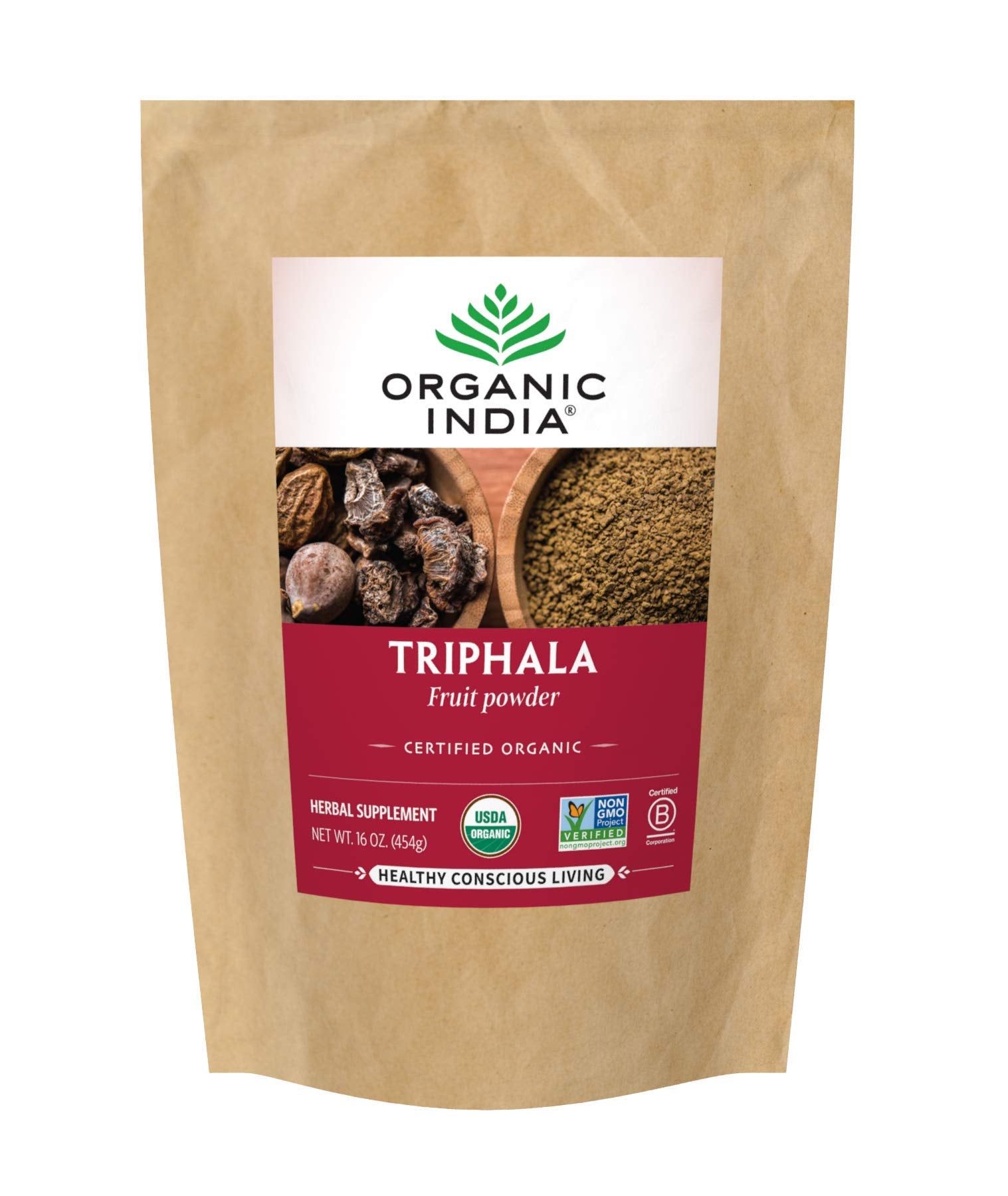 Poudre Triphala Organic India dans l'emballage, prête à l'emploi pour le quotidien.