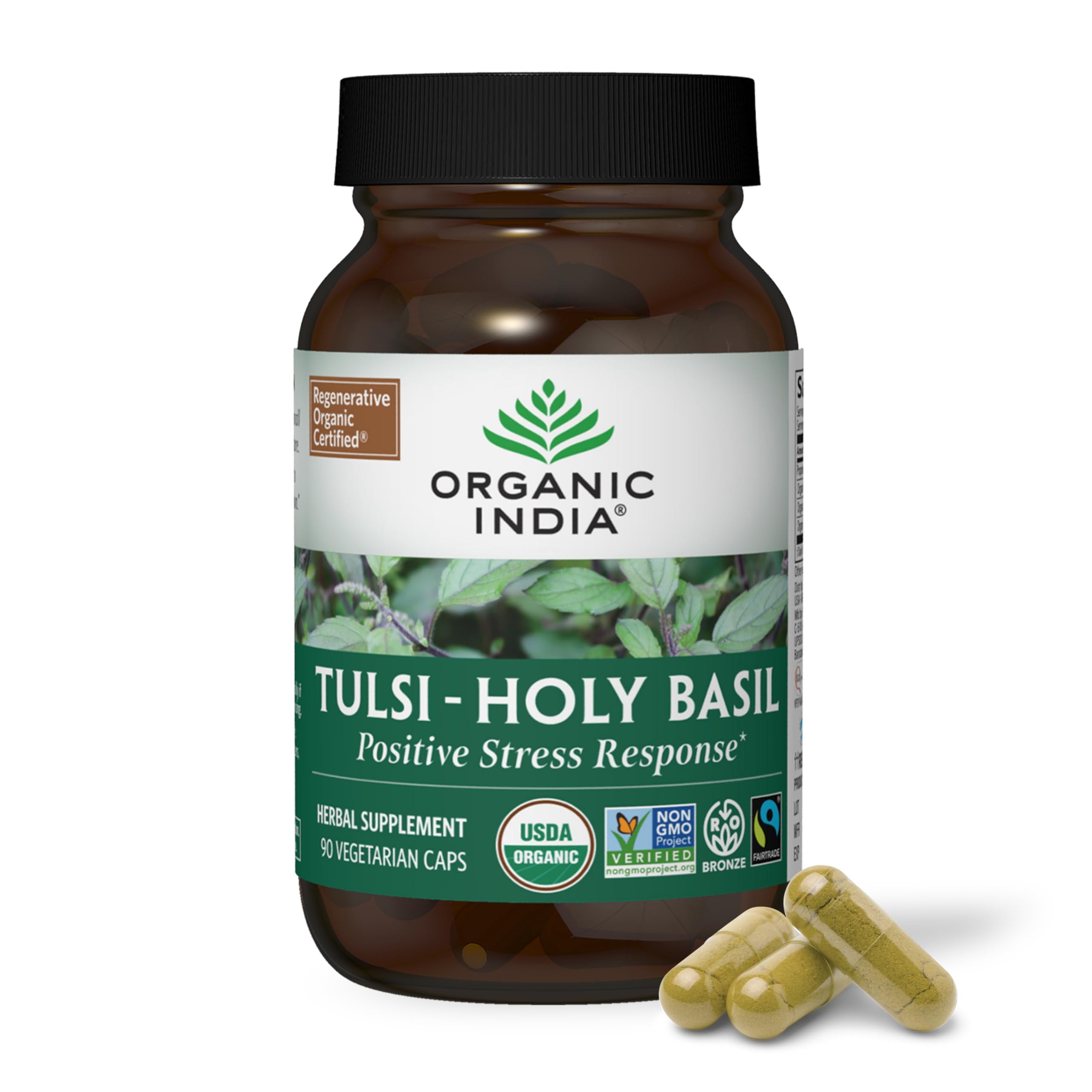 ORGANIC INDIA Tulsi – bouteille 90 capsules, soutien adaptogène possible pour le quotidien.