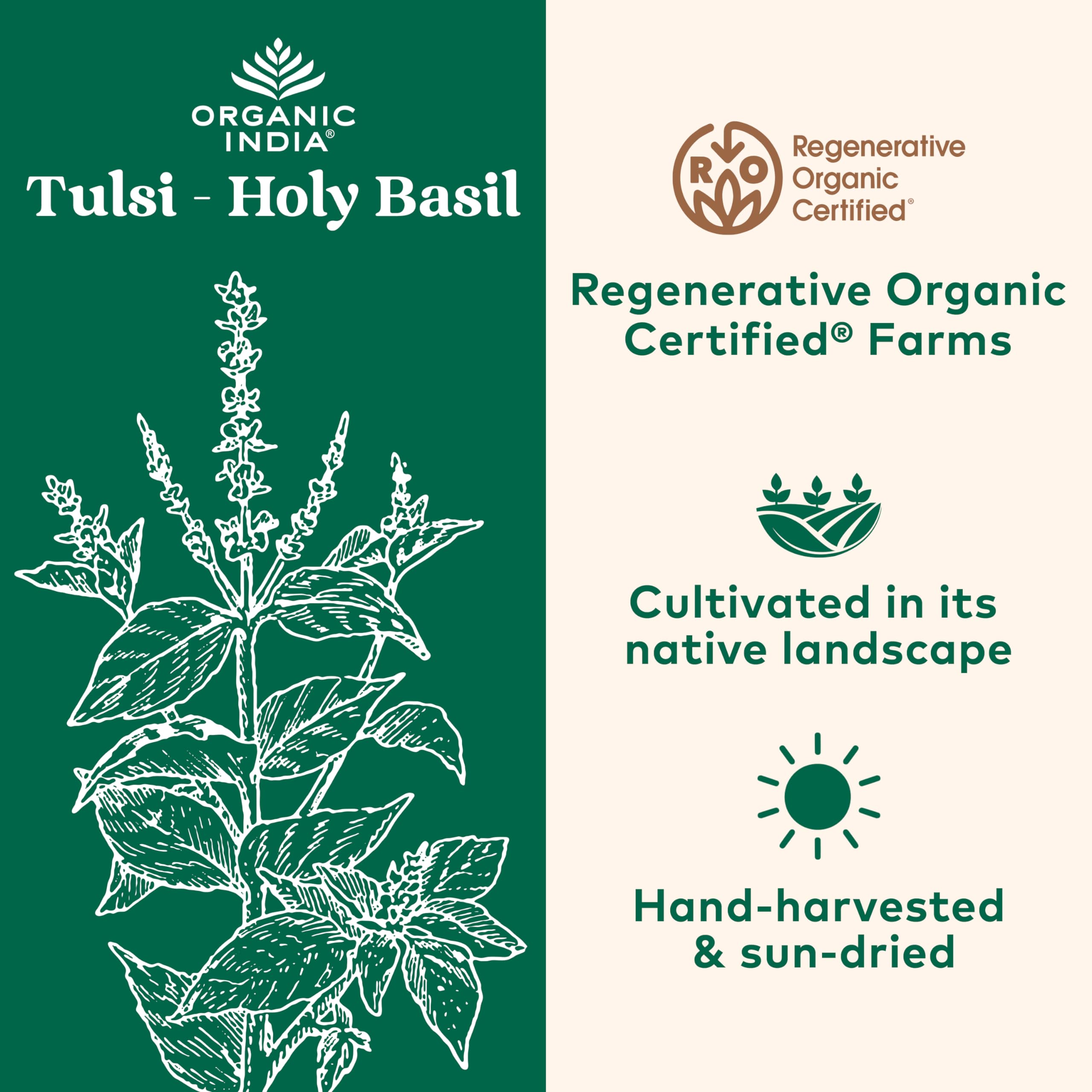 ORGANIC INDIA Tulsi — emballage-durable, produit respectueux de l’environnement et durable.