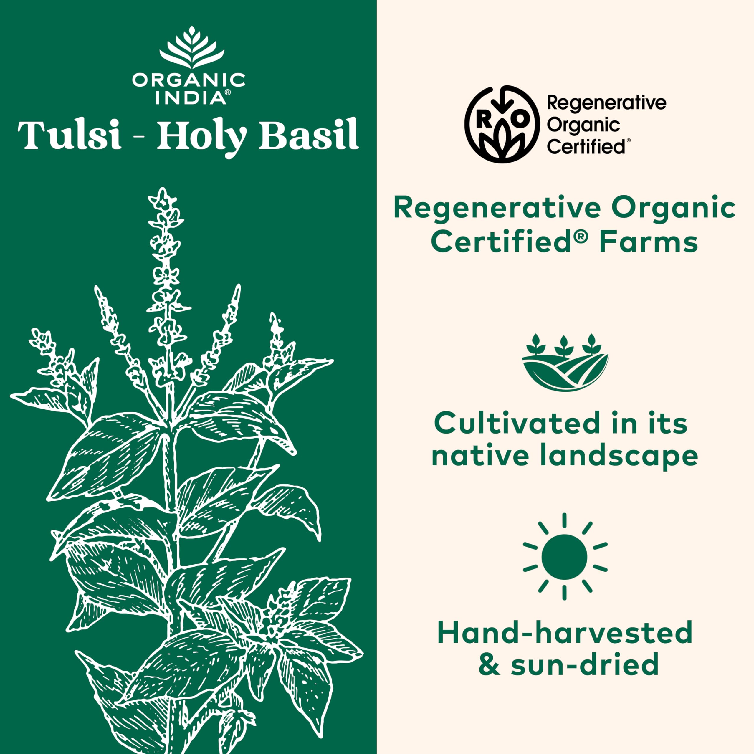 ORGANIC INDIA Tulsi – etiquette bio, basilic sacré pour le bien-être quotidien.