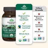 ORGANIC INDIA Tulsi – feuilles de tulsi visibles, ambiance naturelle et apaisante.