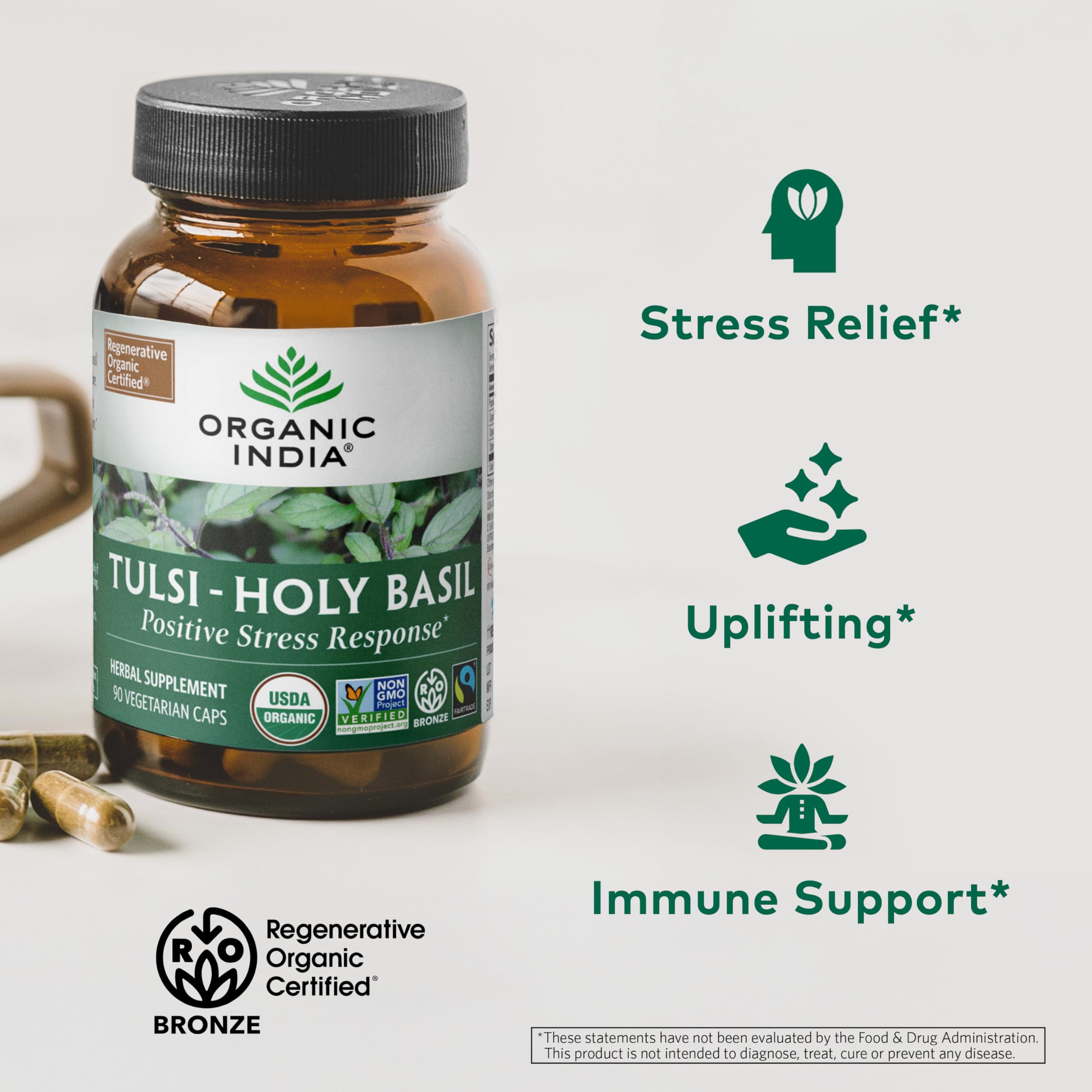 ORGANIC INDIA Tulsi – gelules sur image, soutien immunitaire potentiel et énergie modérée.