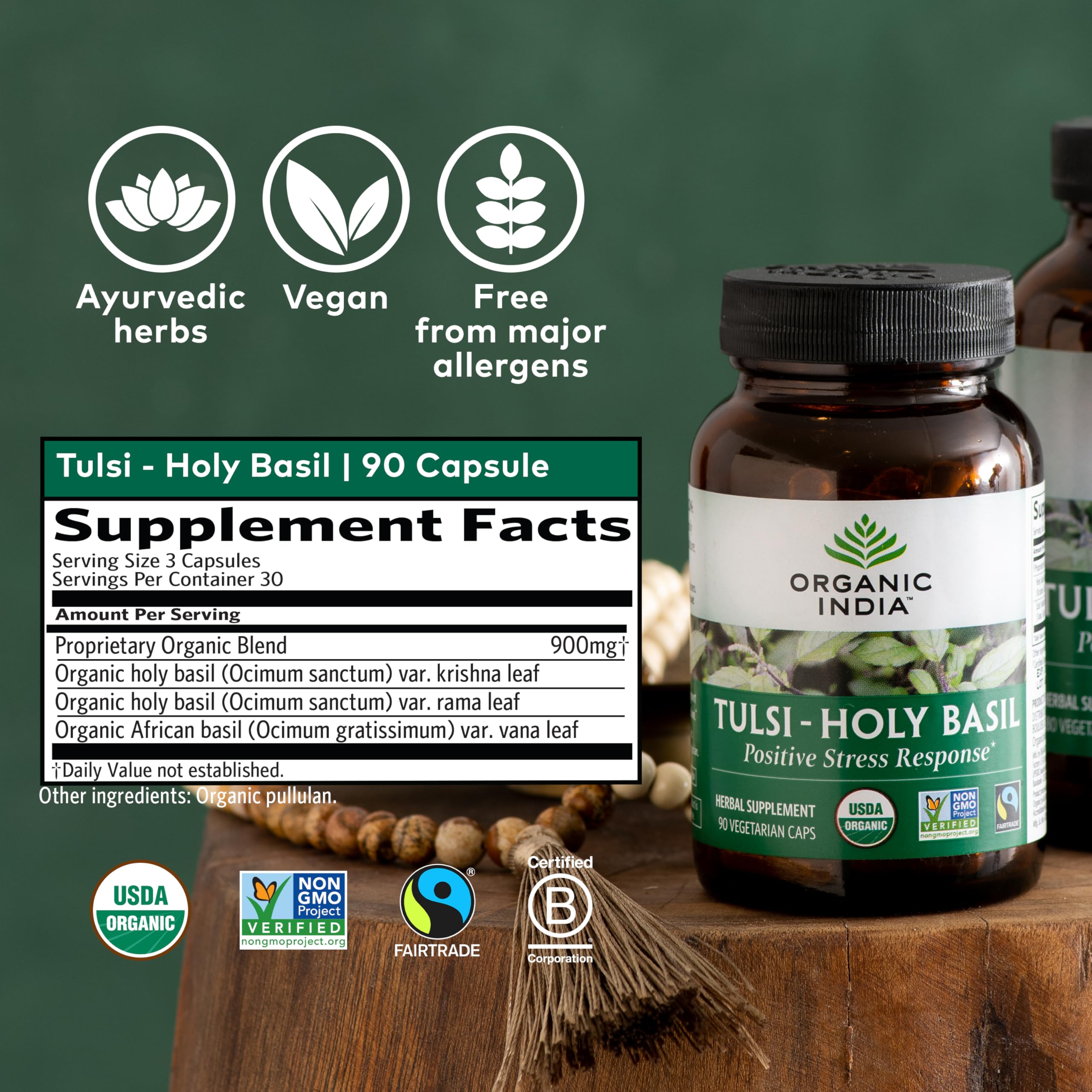 ORGANIC INDIA Tulsi – packaging vert, clair et informatif pour le consommateur.