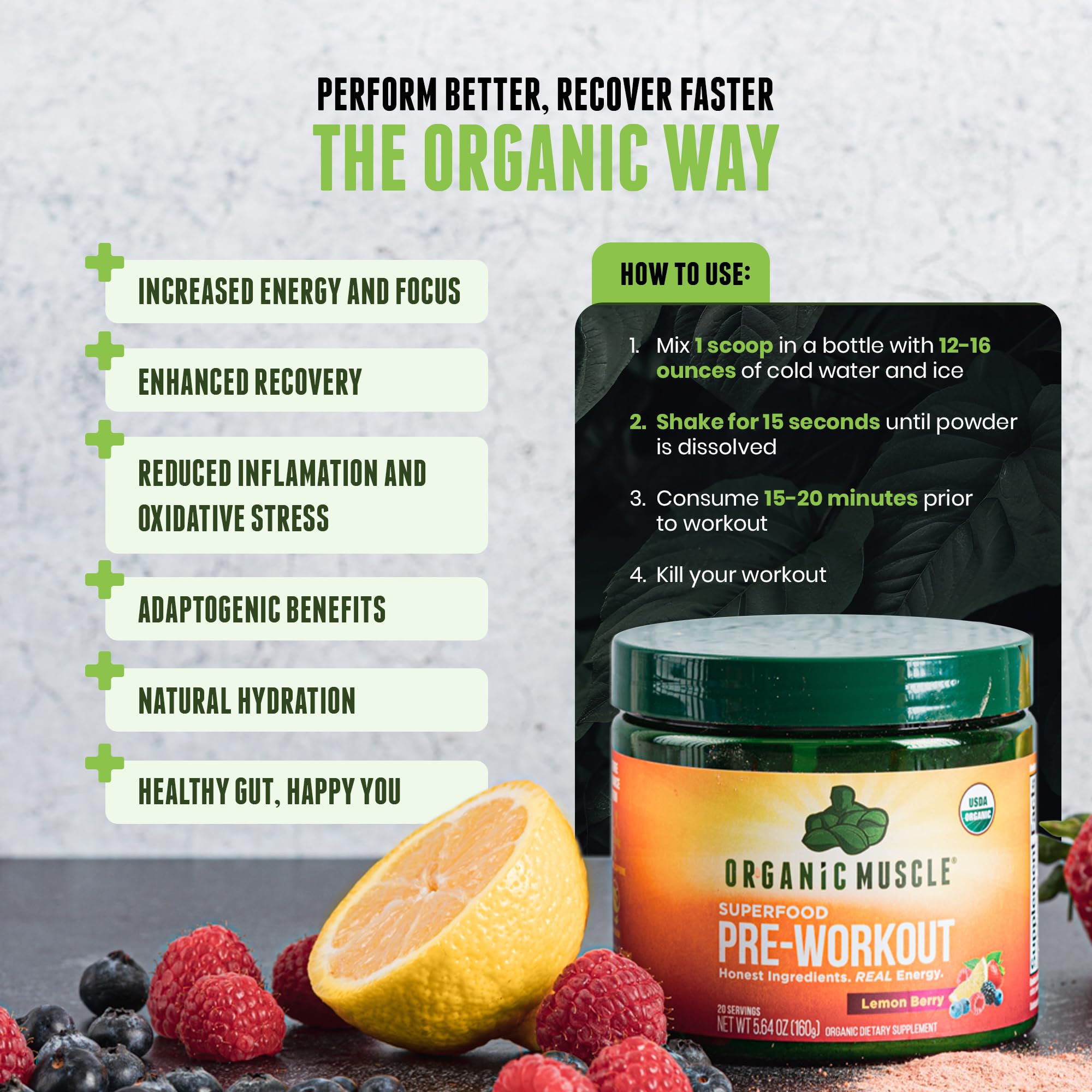 Organic Muscle mélange pré-entraînement citron-framboise libérant focus durable sans crash