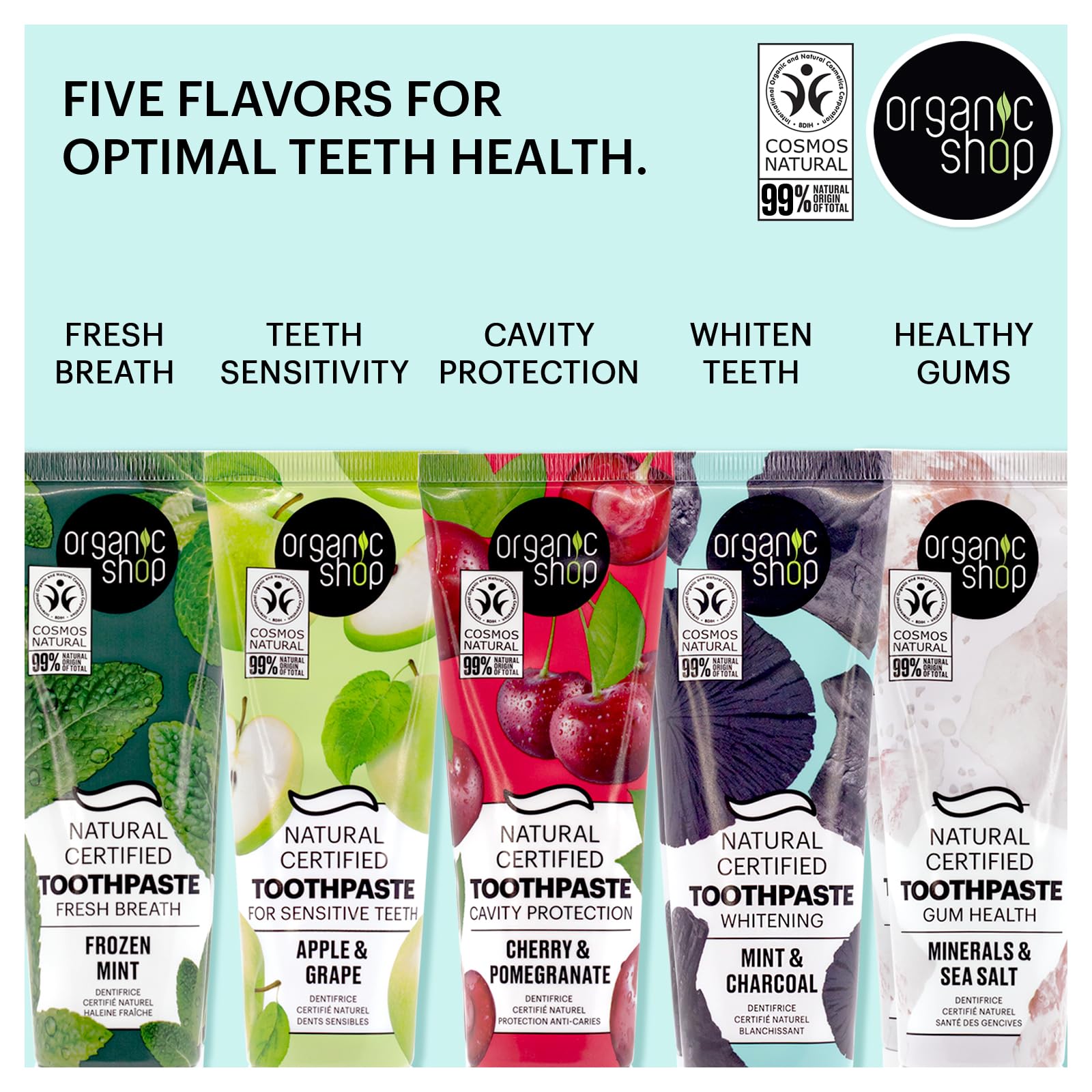 Organic Shop dentifrice cerise, pâte onctueuse offrant une sensation de fraîcheur naturelle.