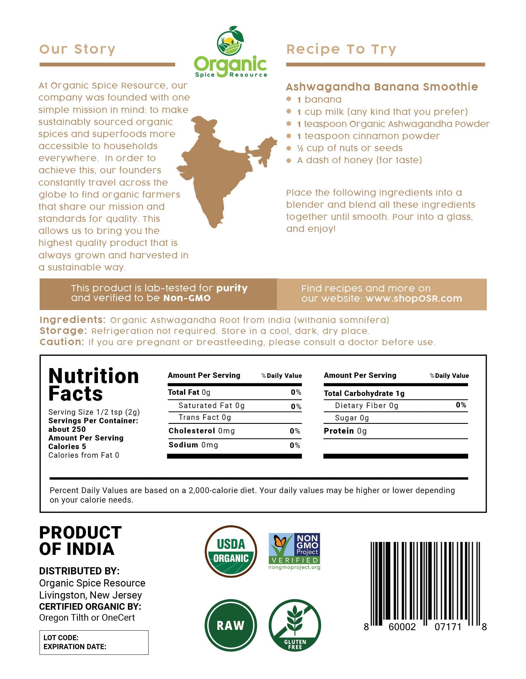 Racine d'ashwagandha, ginseng indien, Organic Spice Resource