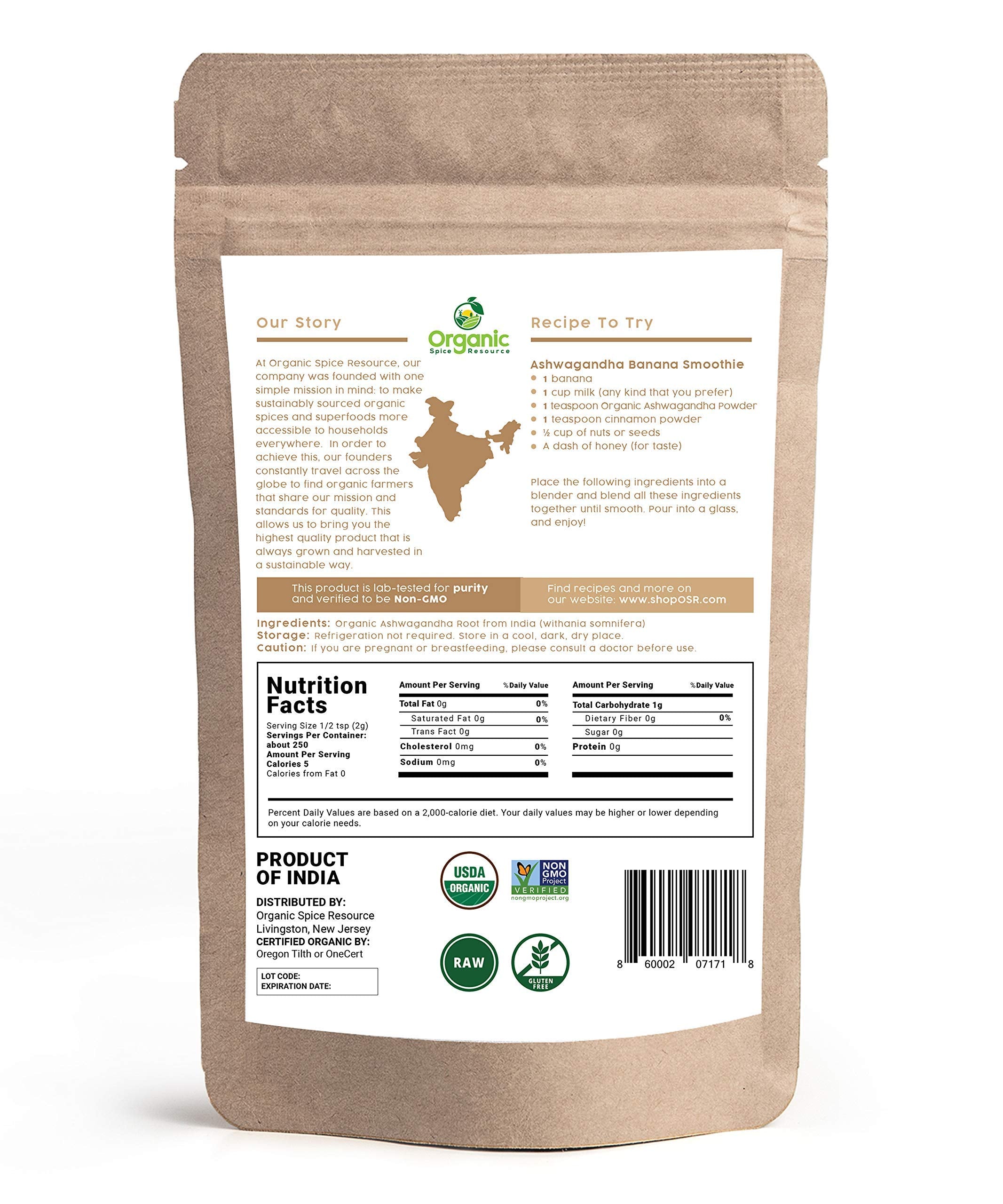Poudre d'ashwagandha Organic Spice Resource utilisable en routine quotidienne