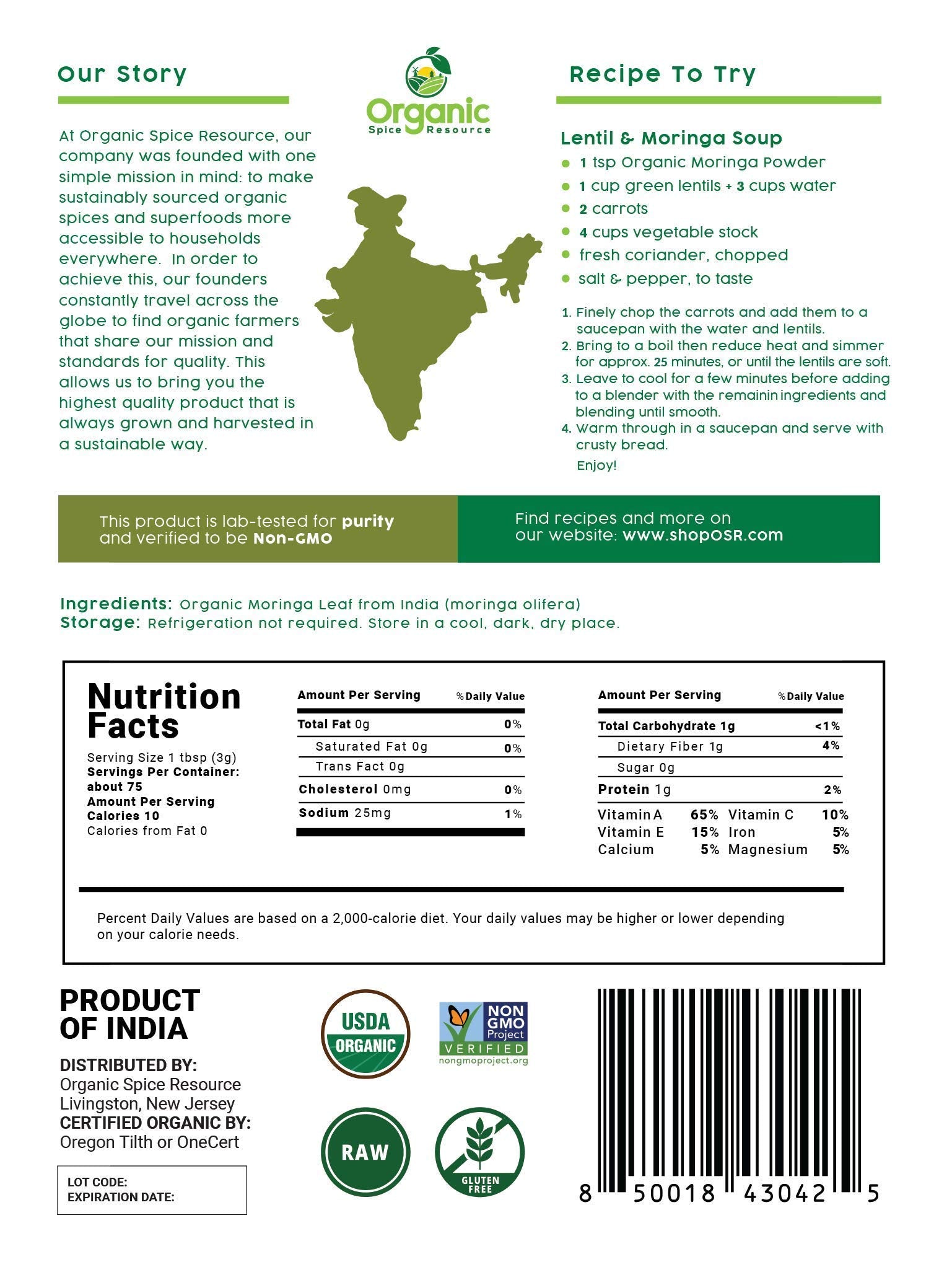 Poudre moringa Organic Spice Resource, dose simple dans une boisson pour énergie naturelle.