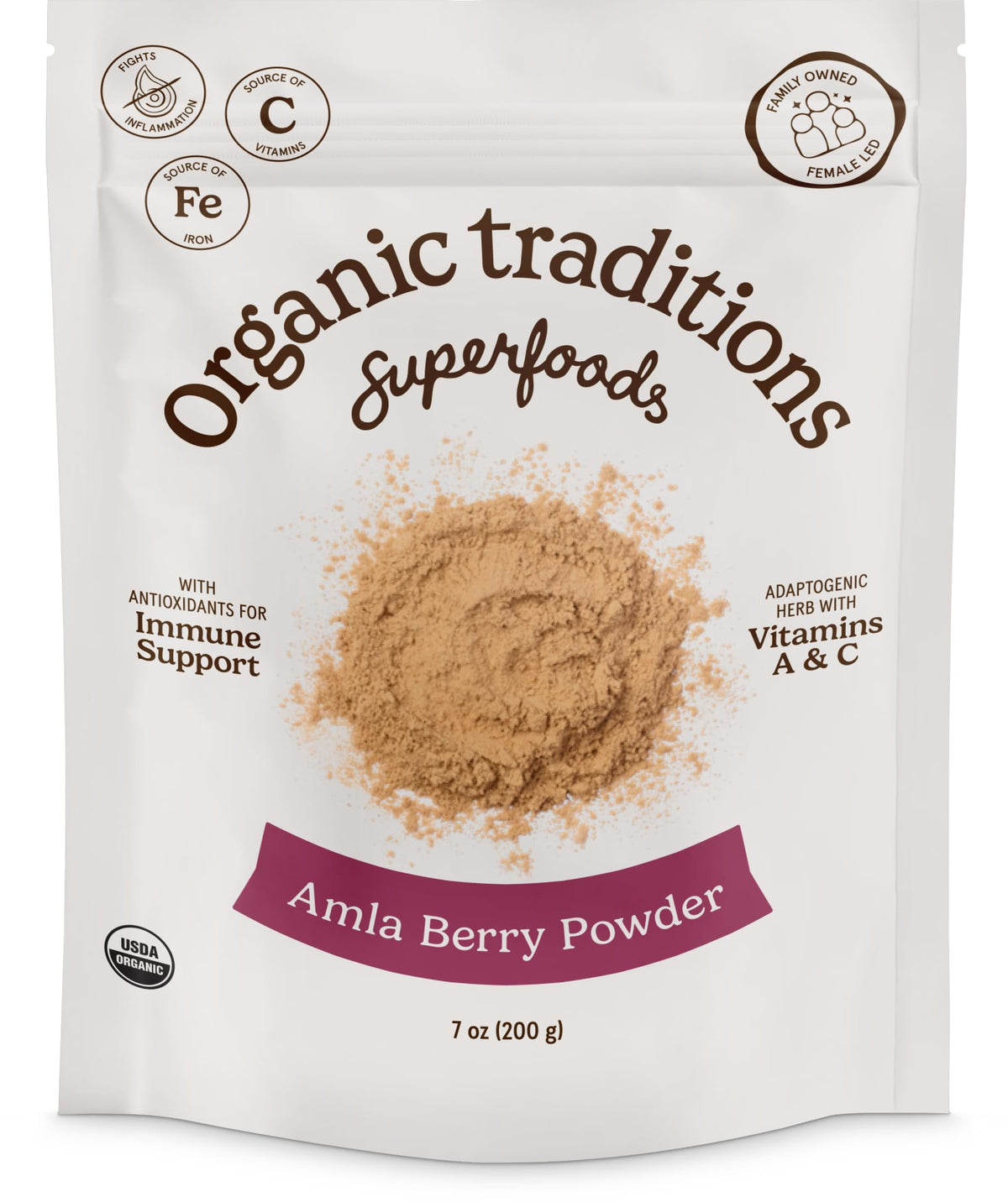 Organic Traditions Amla Poudre emballage bio 200 g prêt pour smoothies.