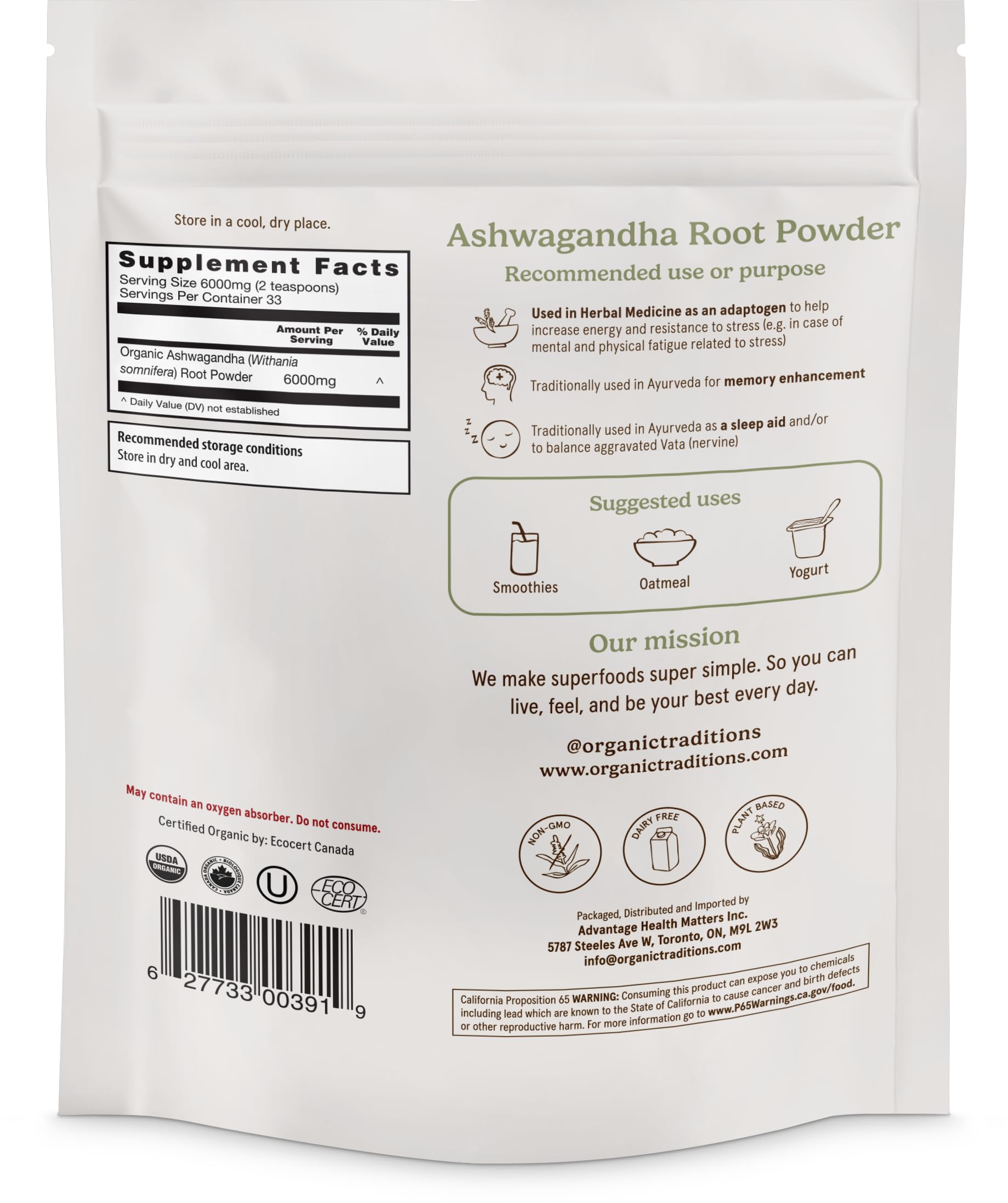 Organic Traditions Ashwagandha, poudre dans un verre, pratique pour une boisson quotidienne.