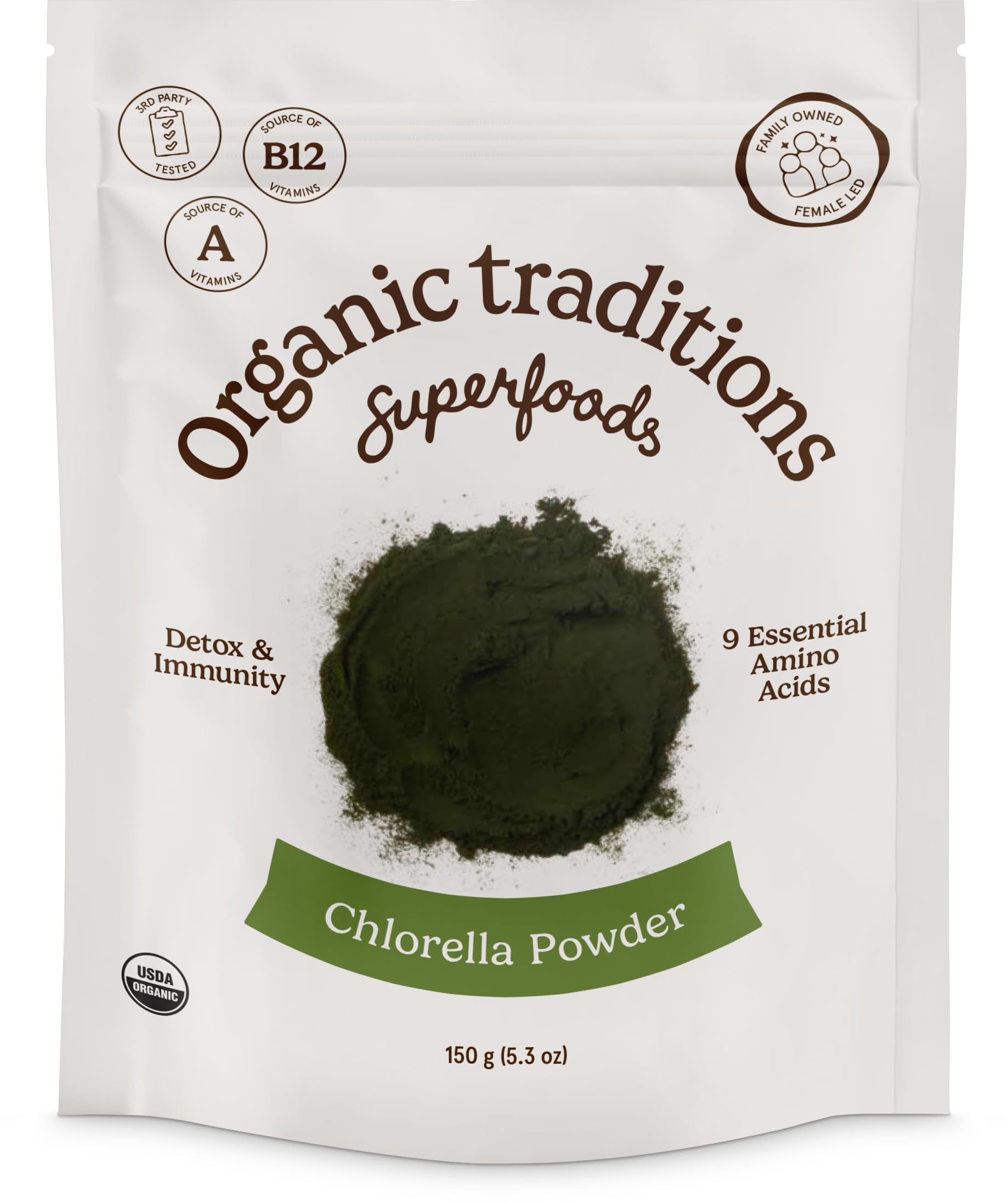 Organic Traditions Poudre chlorella 150 g prête pour smoothies riches en nutriments.