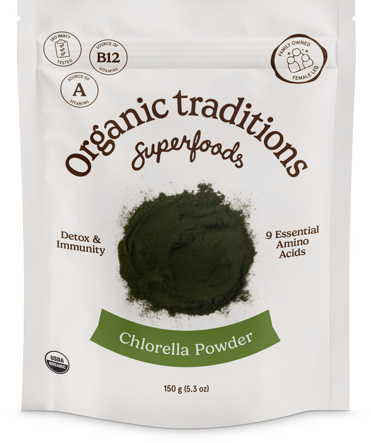 Organic Traditions Poudre chlorella 150 g prête pour smoothies riches en nutriments.