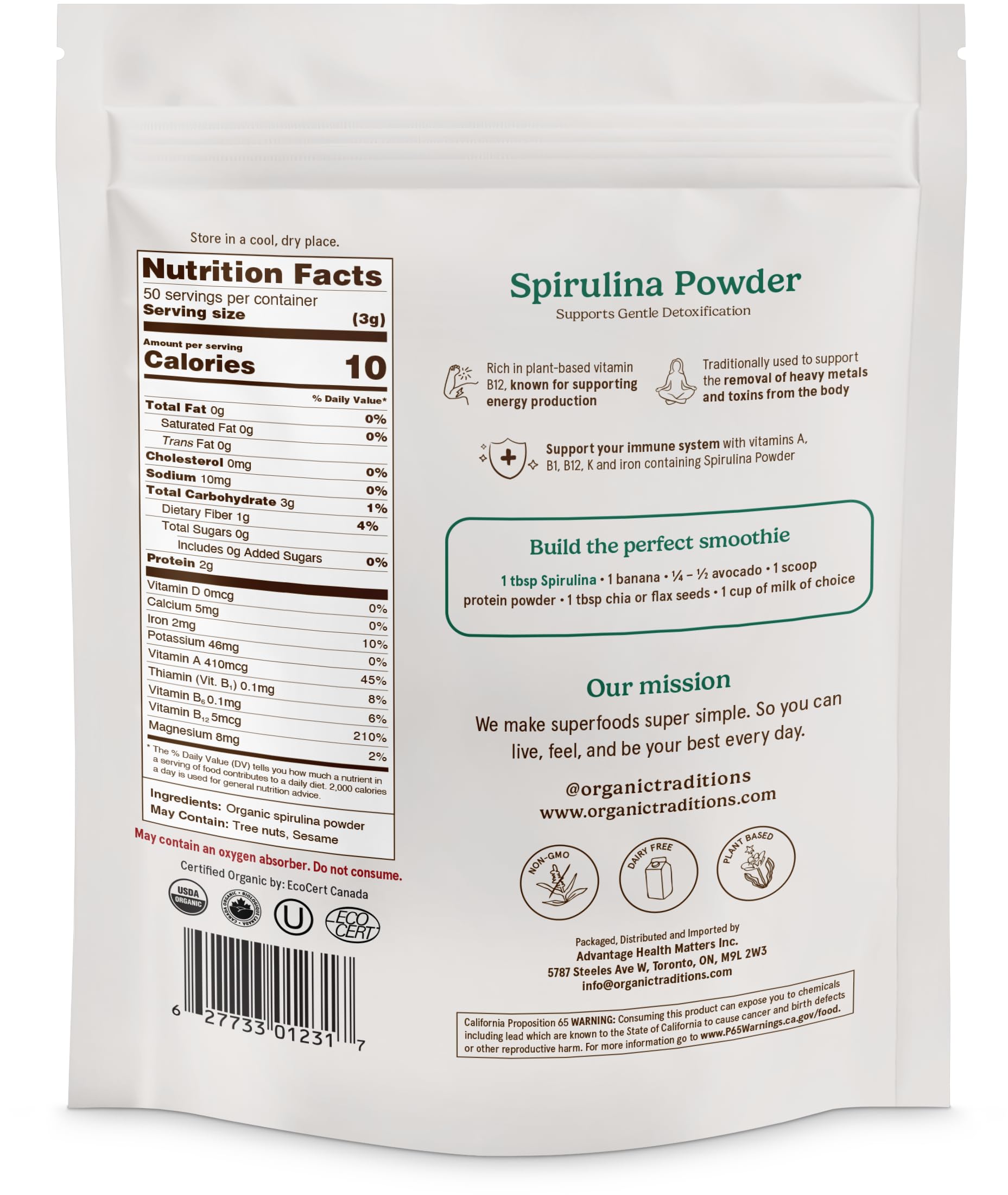 Organic Traditions Spiruline sachet 150g — conserve fraîche et pratique