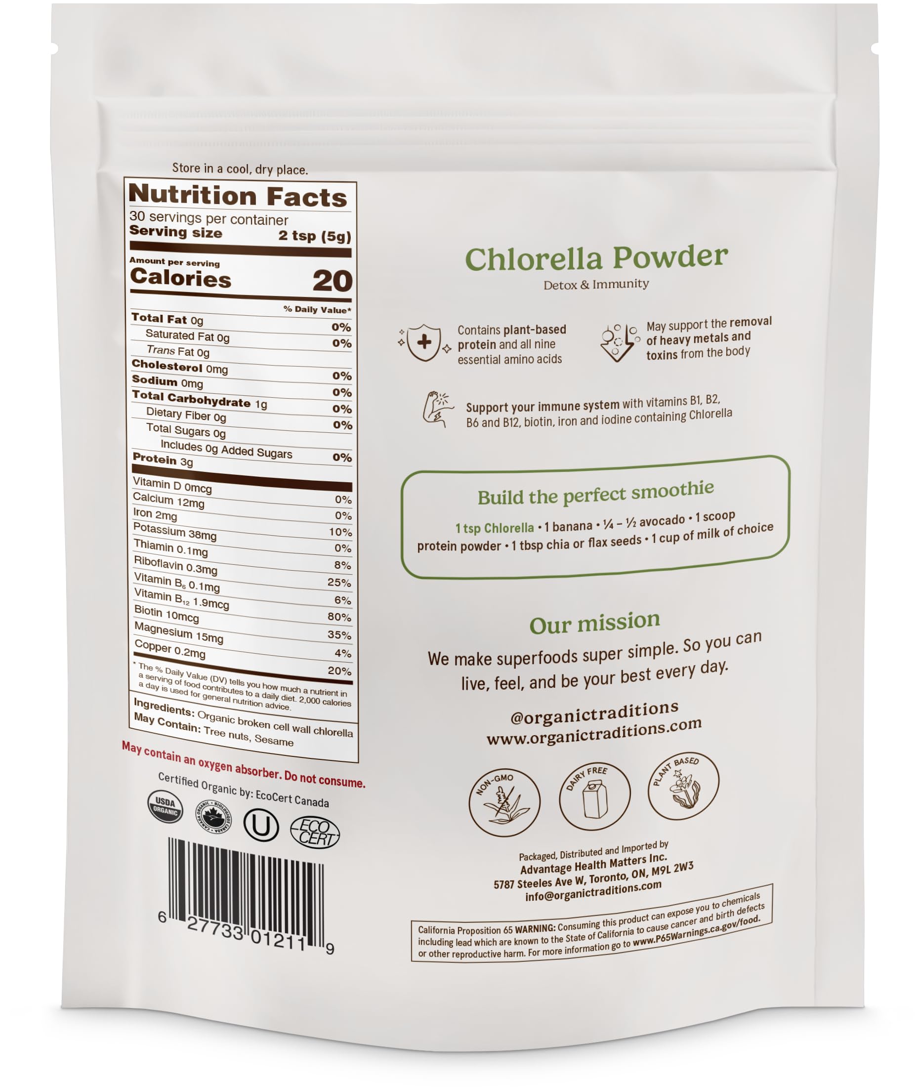 Organic Traditions Poudre chlorella, un superaliment vegan et sans OGM.