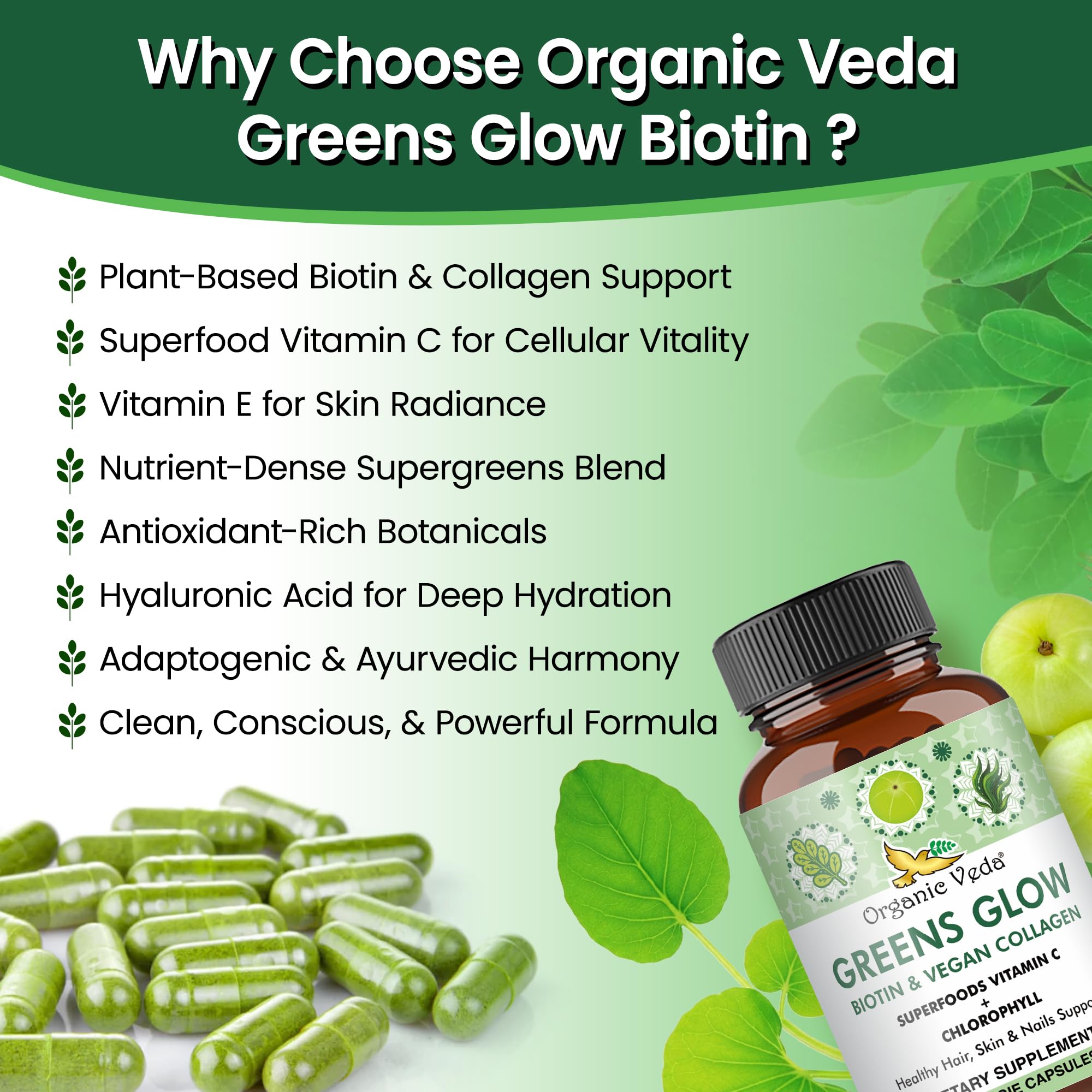 Organic Veda Greens Glow – dosage quotidien facile en deux capsules