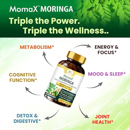 Organic Veda Momax étiquette affichant les ingrédients moringa.
