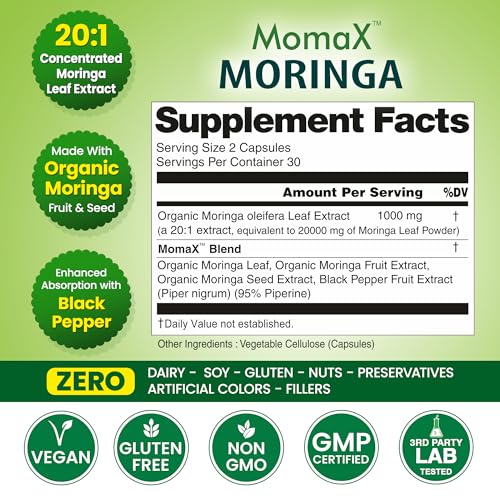 Organic Veda Momax gélules sur fond blanc, routine facile pour le bien-être.