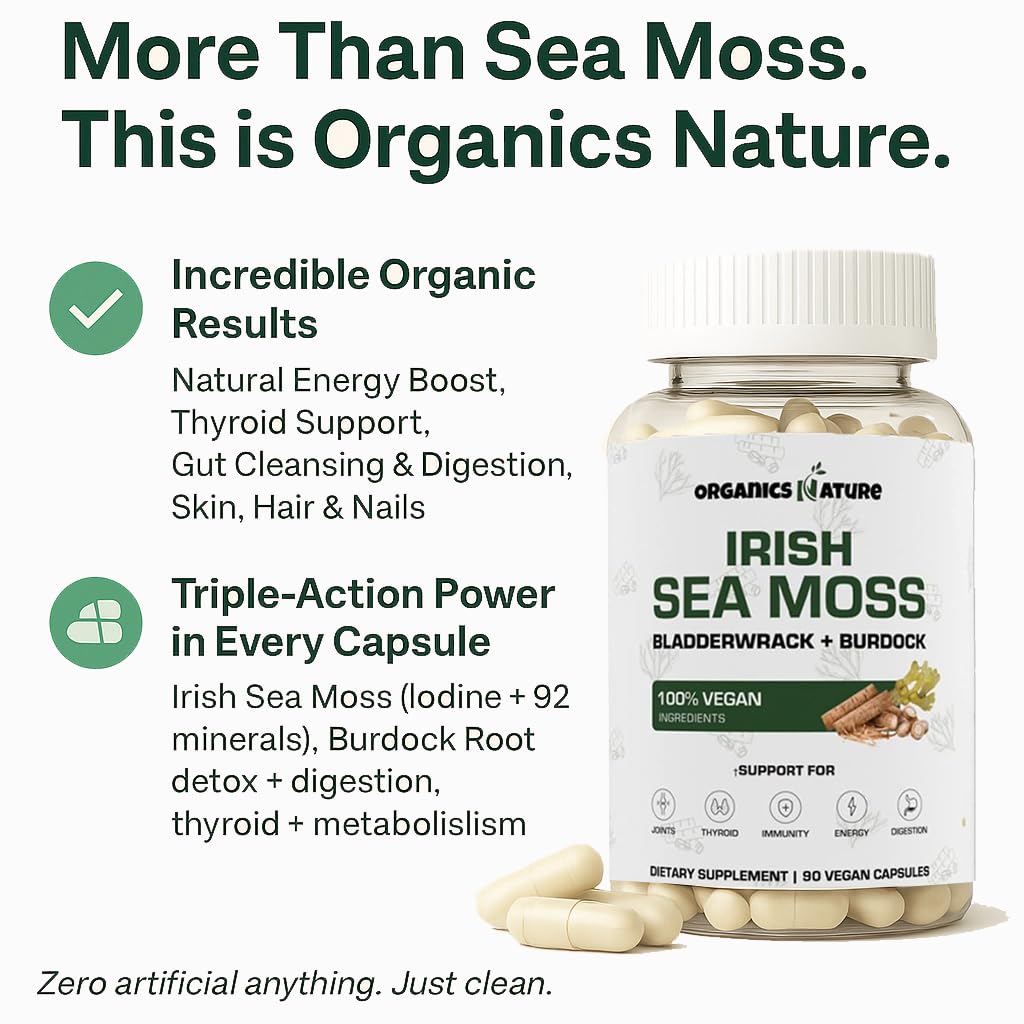 ORGANICS NATURE Irish Sea Moss capsules – emballage éco-responsable sans allergènes.