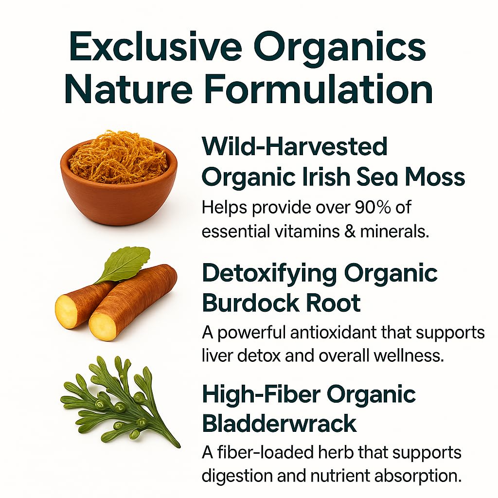 ORGANICS NATURE Irish Sea Moss capsules – ingrédients riches en minéraux essentiels.