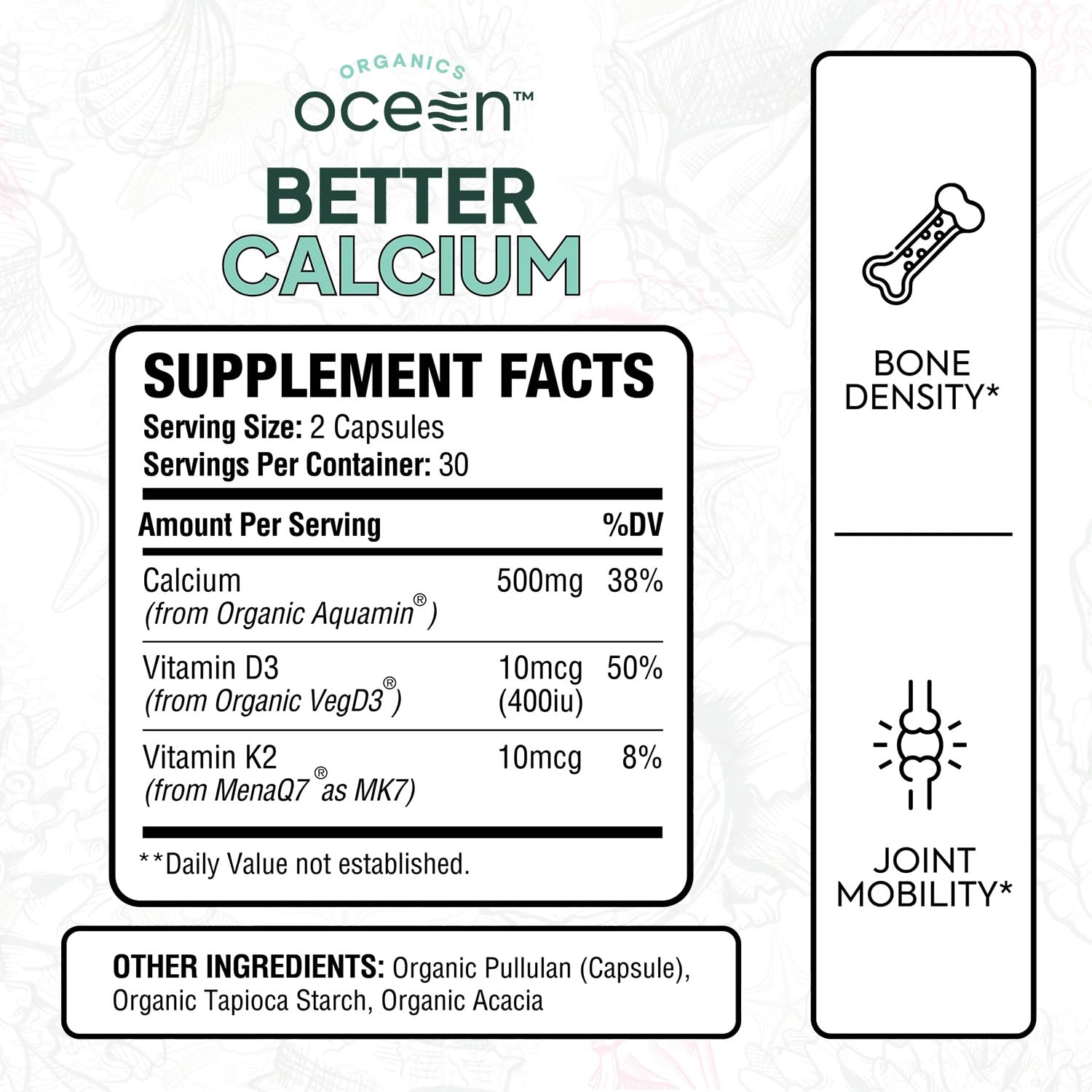 Organics Ocean Better Calcium, capsules algue rouge, absorption améliorée avec D3 et K2.
