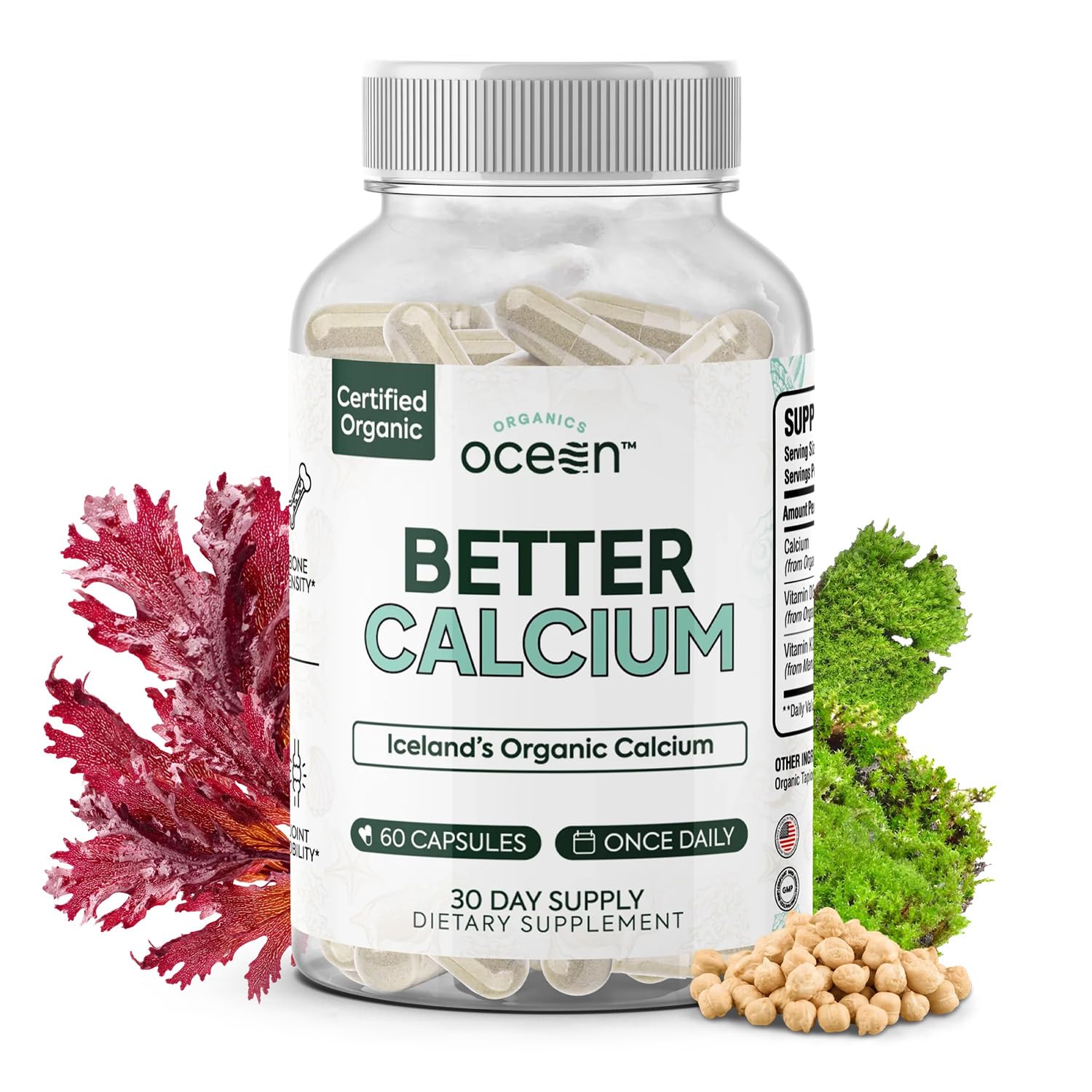 Organics Ocean Better Calcium, bouteille d'algu e rouge, soutien des os et mobilité douce.
