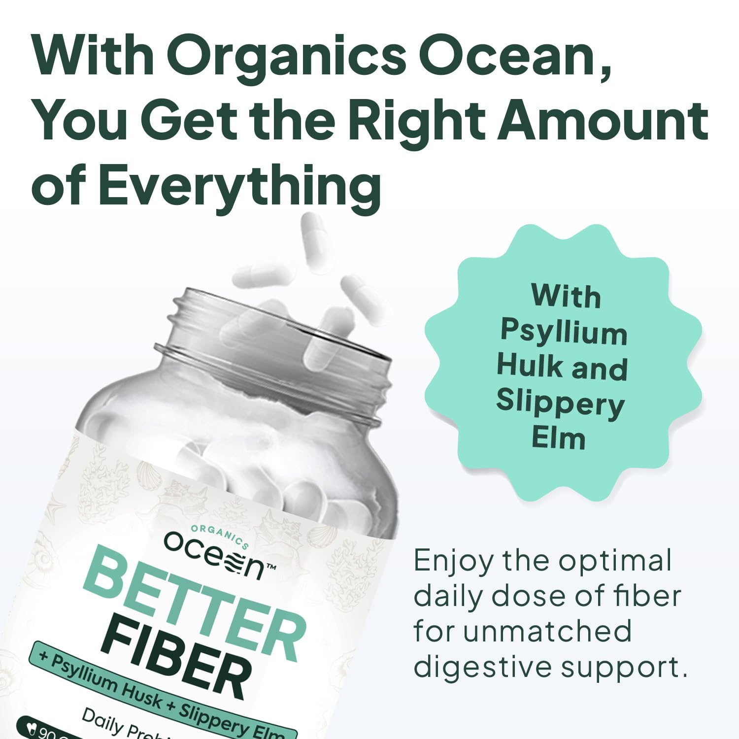 Étiquette Organics Ocean Better Fiber présentant les ingrédients et les bienfaits.