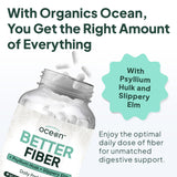 Étiquette Organics Ocean Better Fiber présentant les ingrédients et les bienfaits.